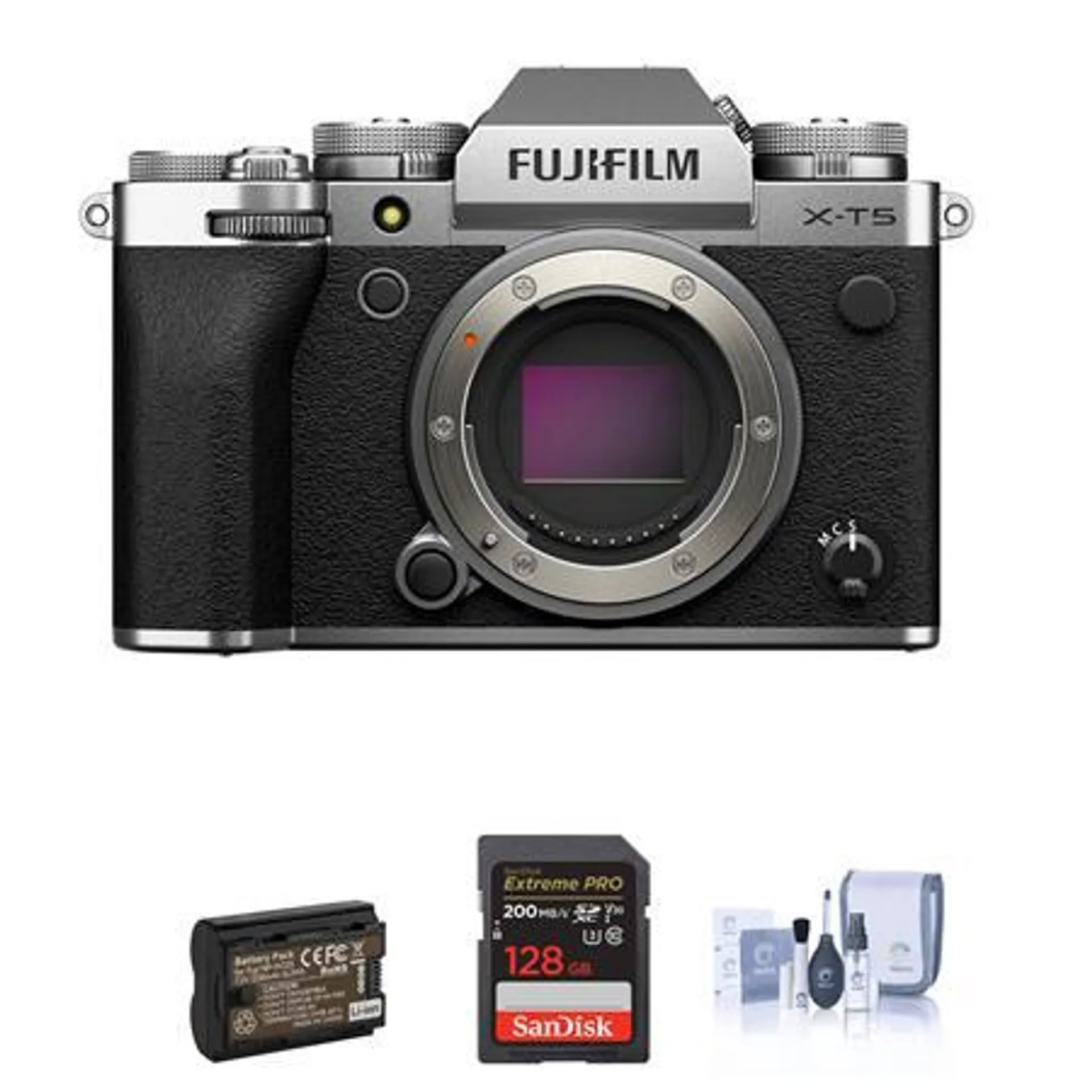 Fujifilm X-T5 Mirrorless Camera, Silver Bundle with 128GB SD Card, Extra Battery, Cleaning Kit