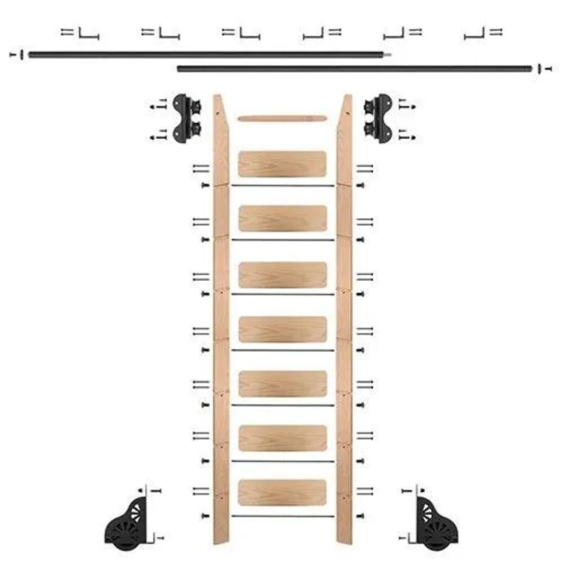 Quiet Glide Oak Library Ladder & 12 Ft Rolling Hardware Kit