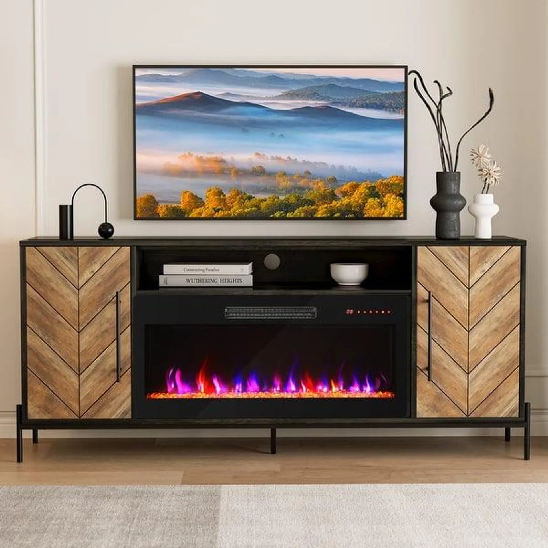 BELLEZE Harper 68" Wood TV Stand w/ 36" Electric Fireplace