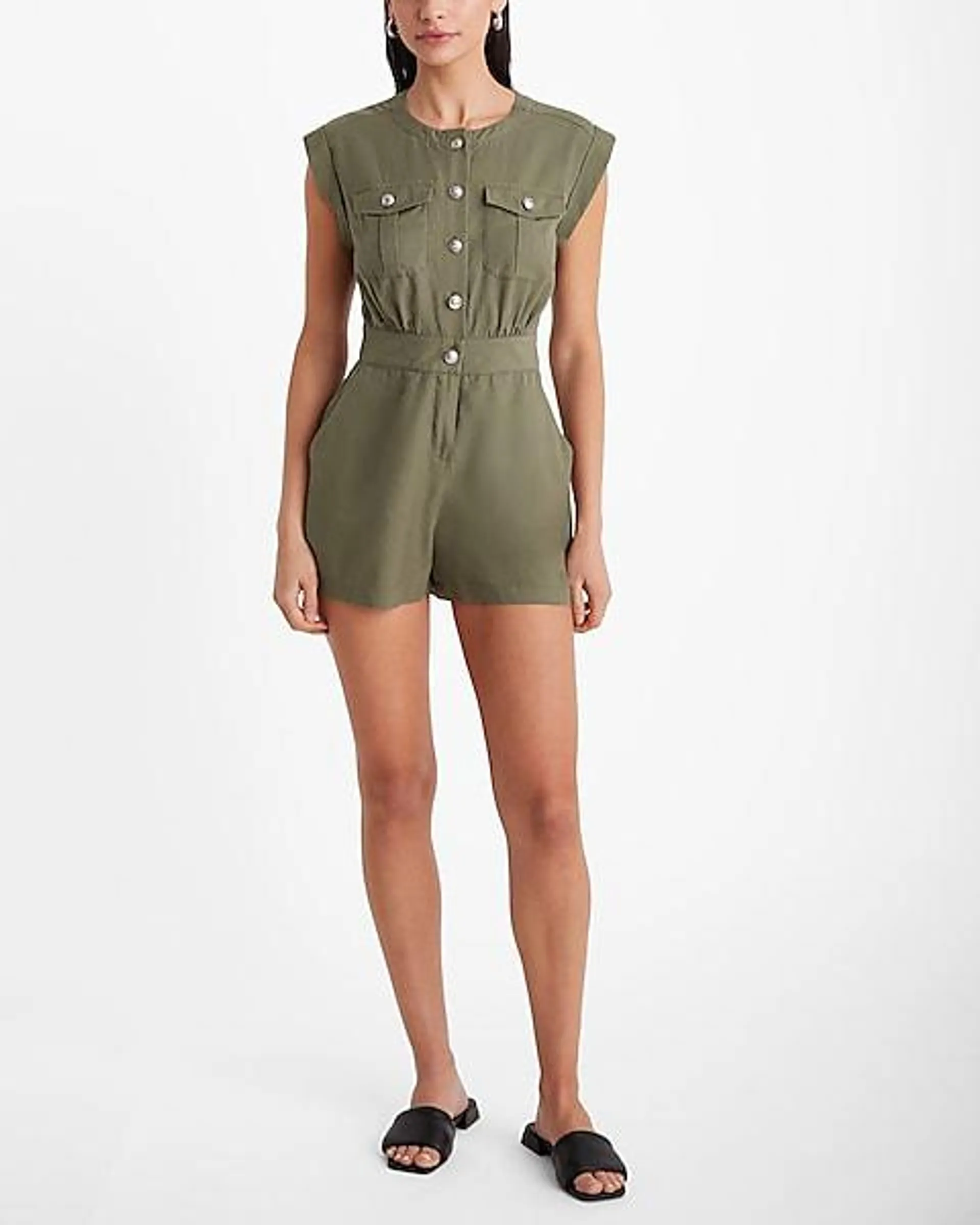 Twill Button Front Utility Romper