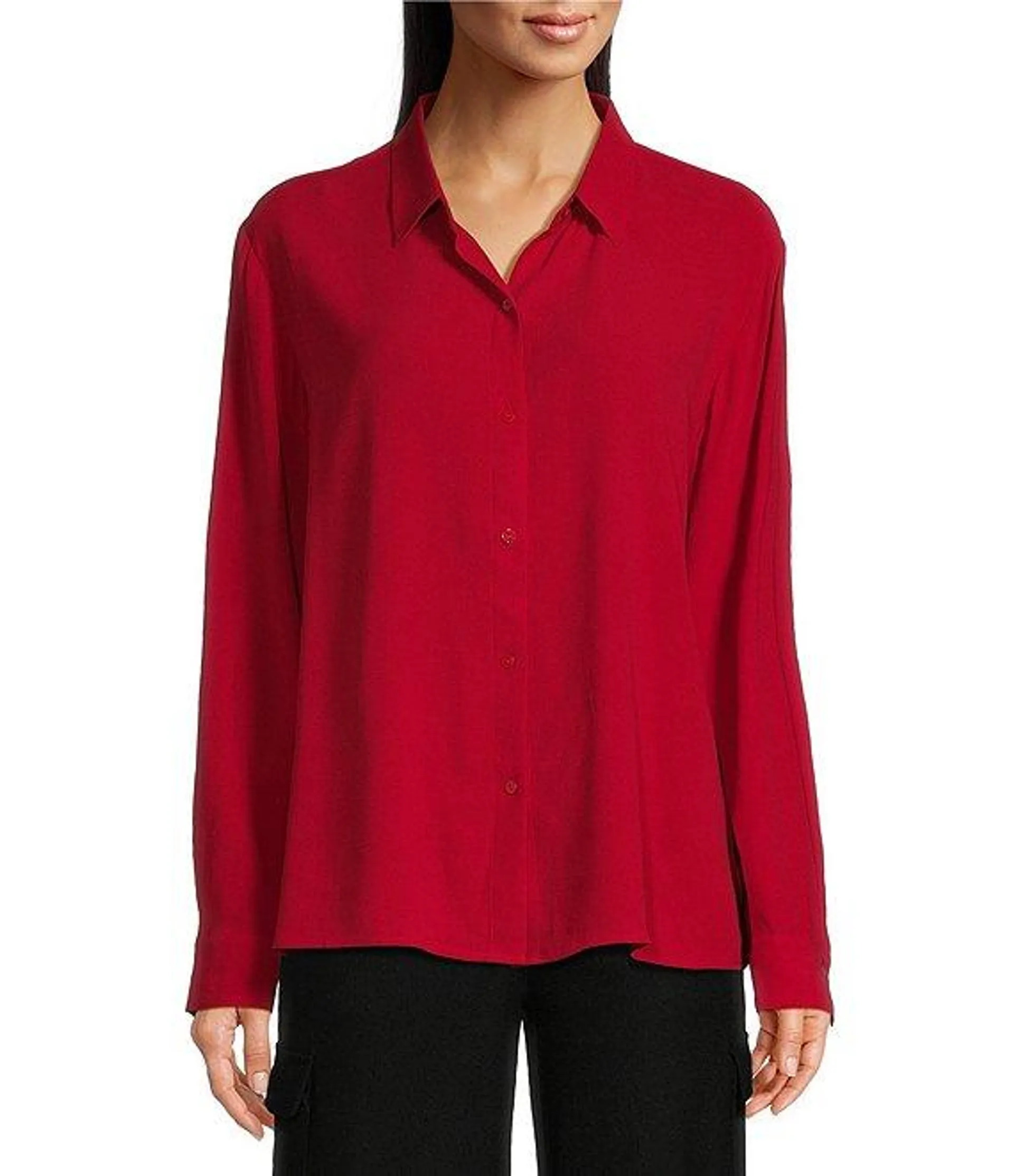 Silk Georgette Crepe Point Collar Long Sleeve Button Front Classic Shirt