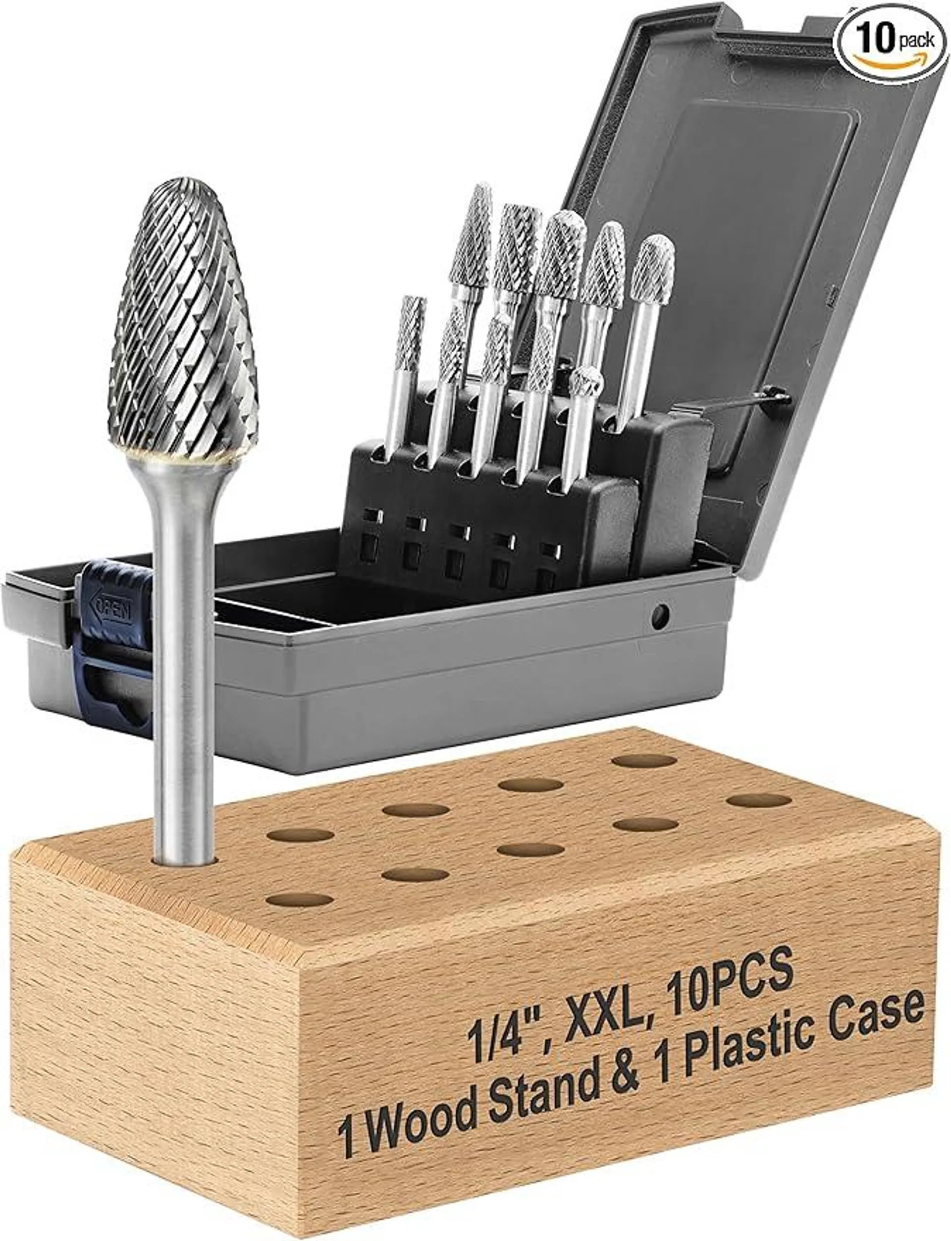 10 Pcs Carbide Burr Set 1/4 Shank w/Beech Holder and Case Die Grinder Grinding Drill Bits for Metal Wood Stone Weld Deburring Rotary Tool Attachment Accessories Rasp Compatible with Milwaukee DeWALT