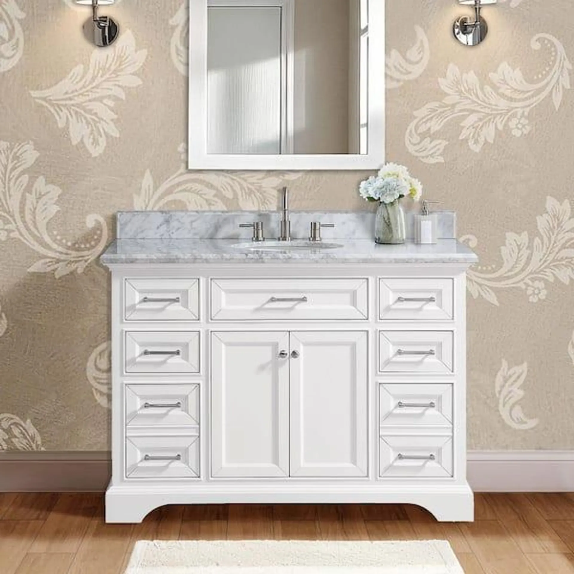Windlowe 49 in. Single Sink White Bath Vanity with White Carrara Marble Top (Assembled)
