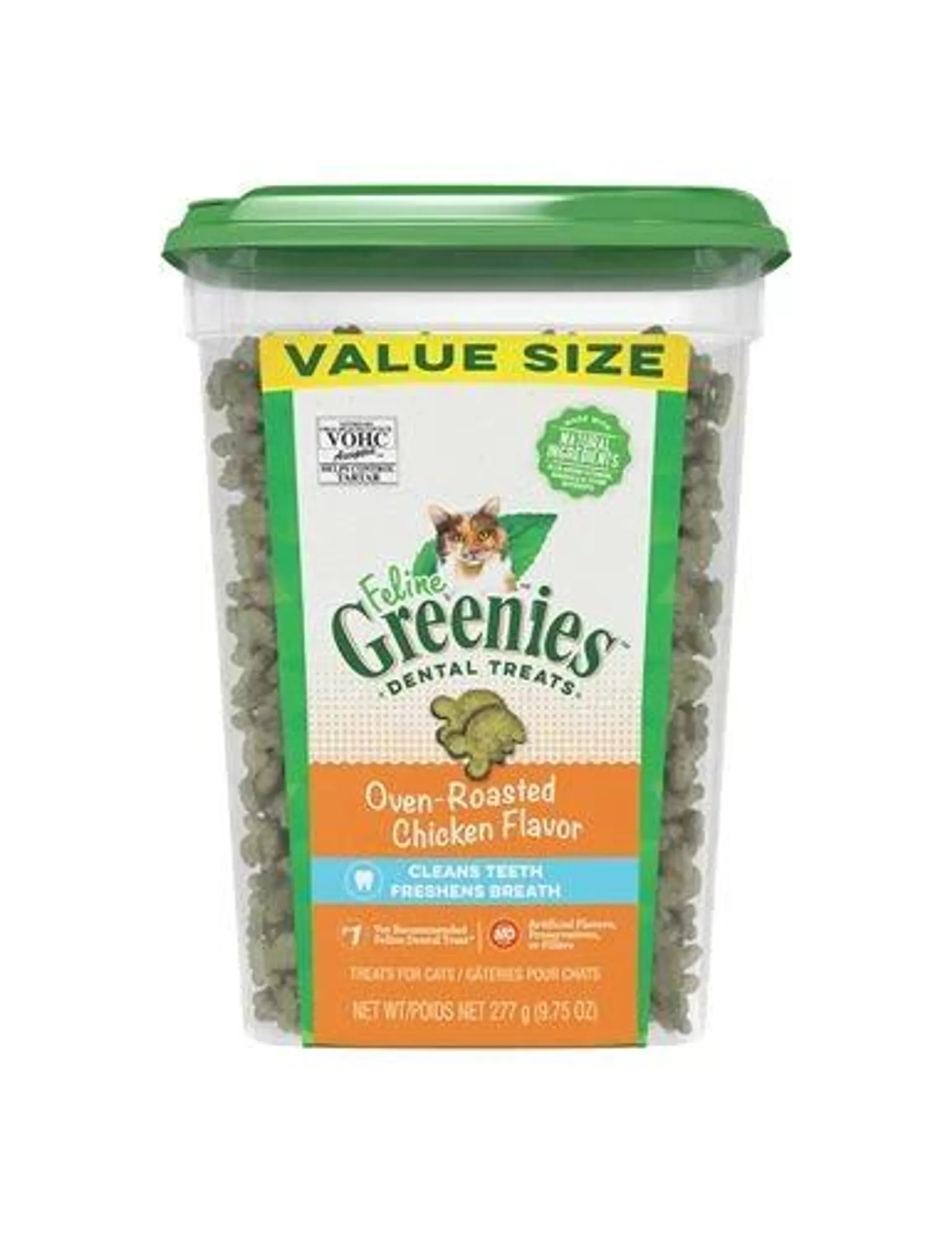 FELINE GREENIES Adult Dental Cat Treats, Oven Roasted Chicken Flavor, 9.75 Ounce Tub