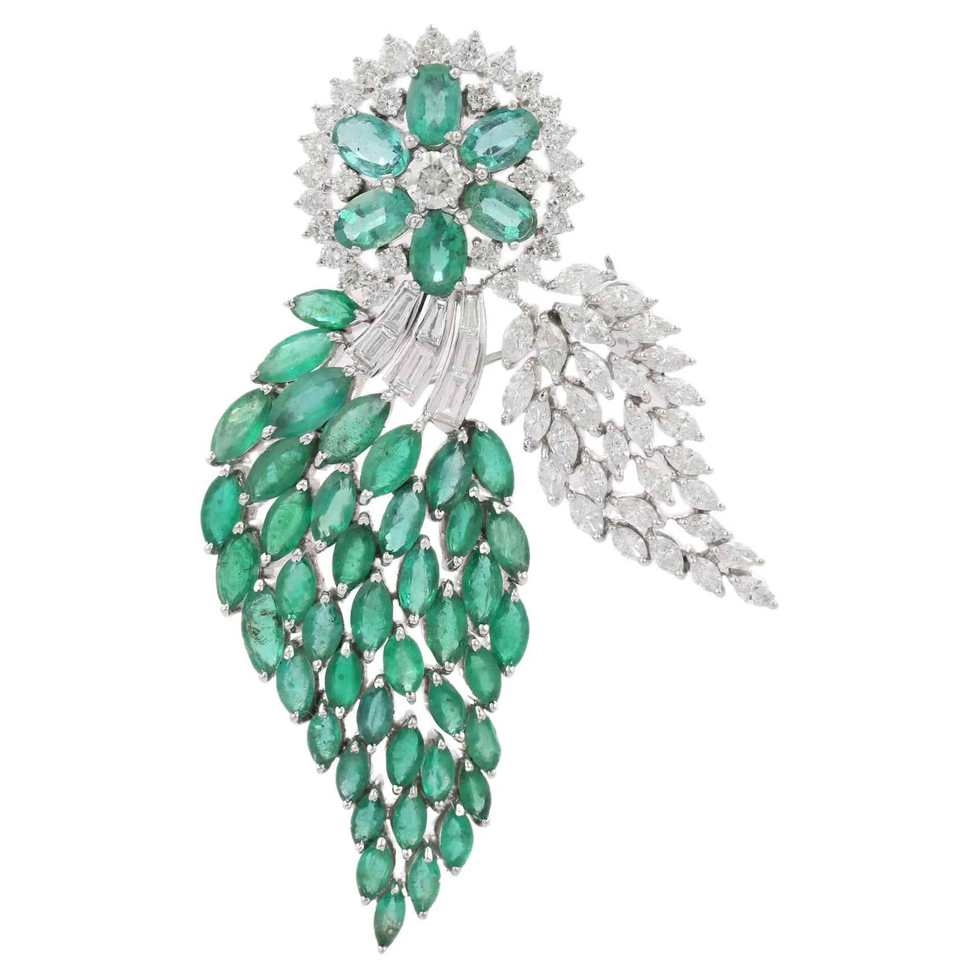 18 Karat Solid White Gold 13.20 Ct Rare Emerald and Diamond Leaf Brooch