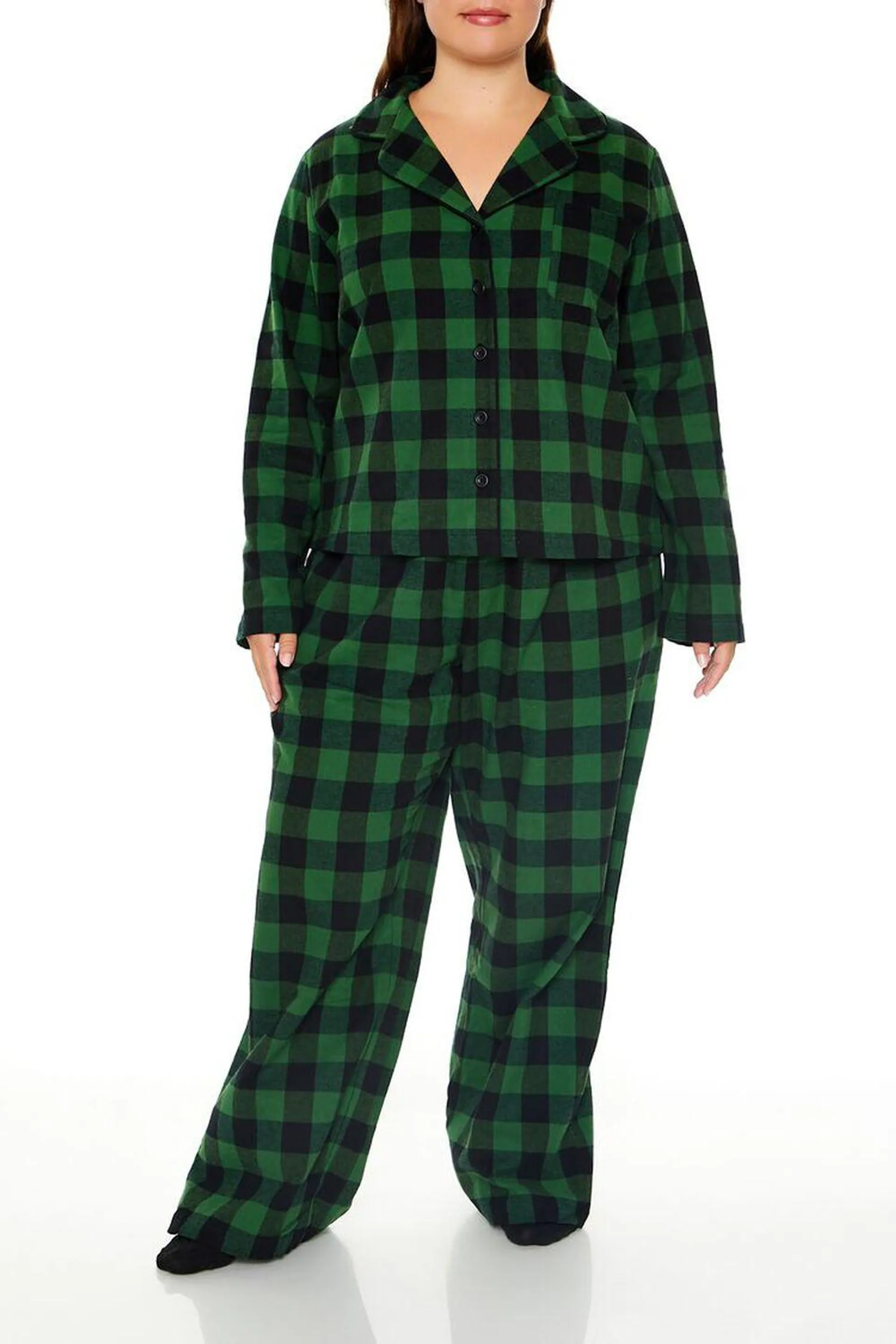 Plus Size Plaid Shirt & Pants Pajama Set