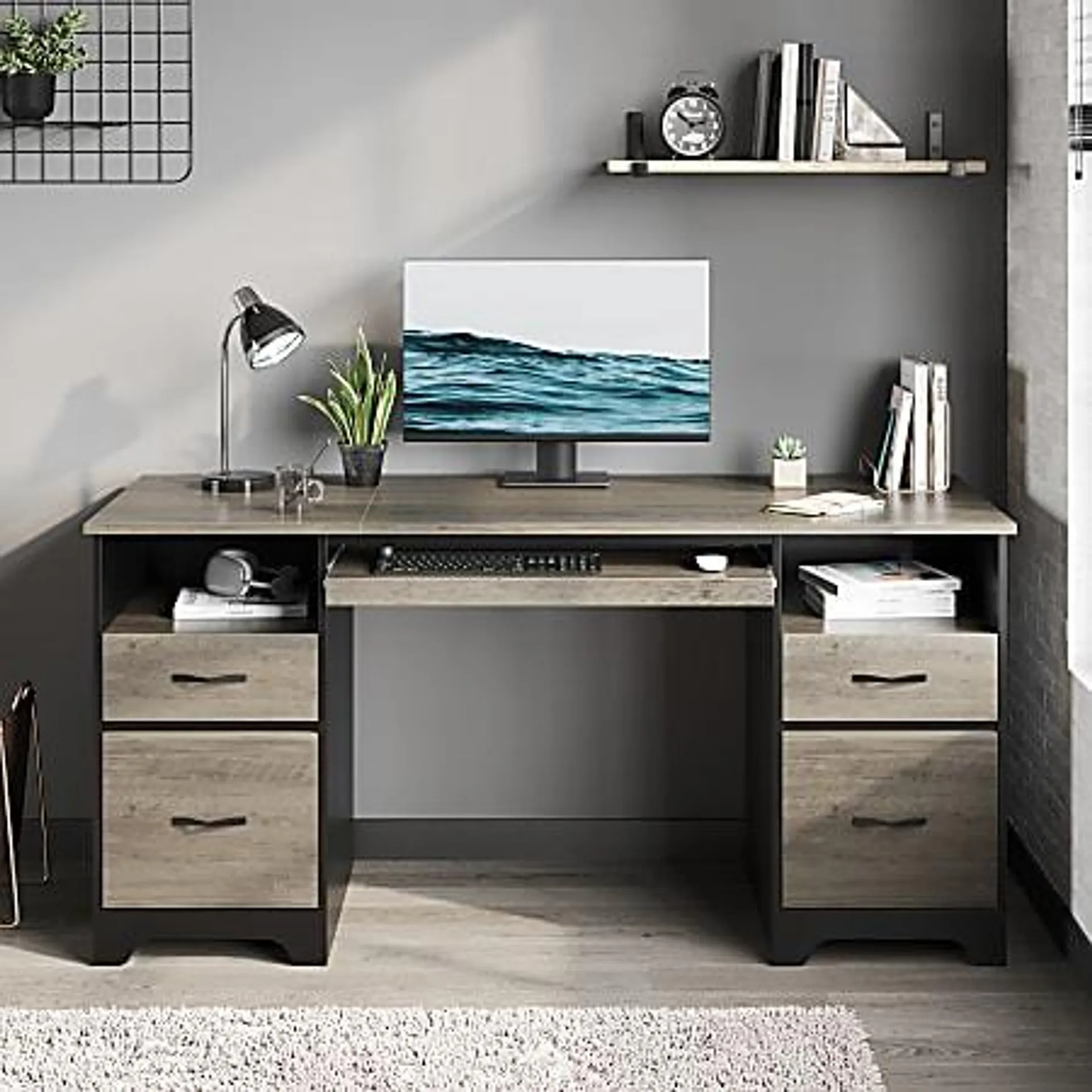 Bestier 59"W Double-Pedestal Executive Computer Desk With Open Storage & Drawer, Gray