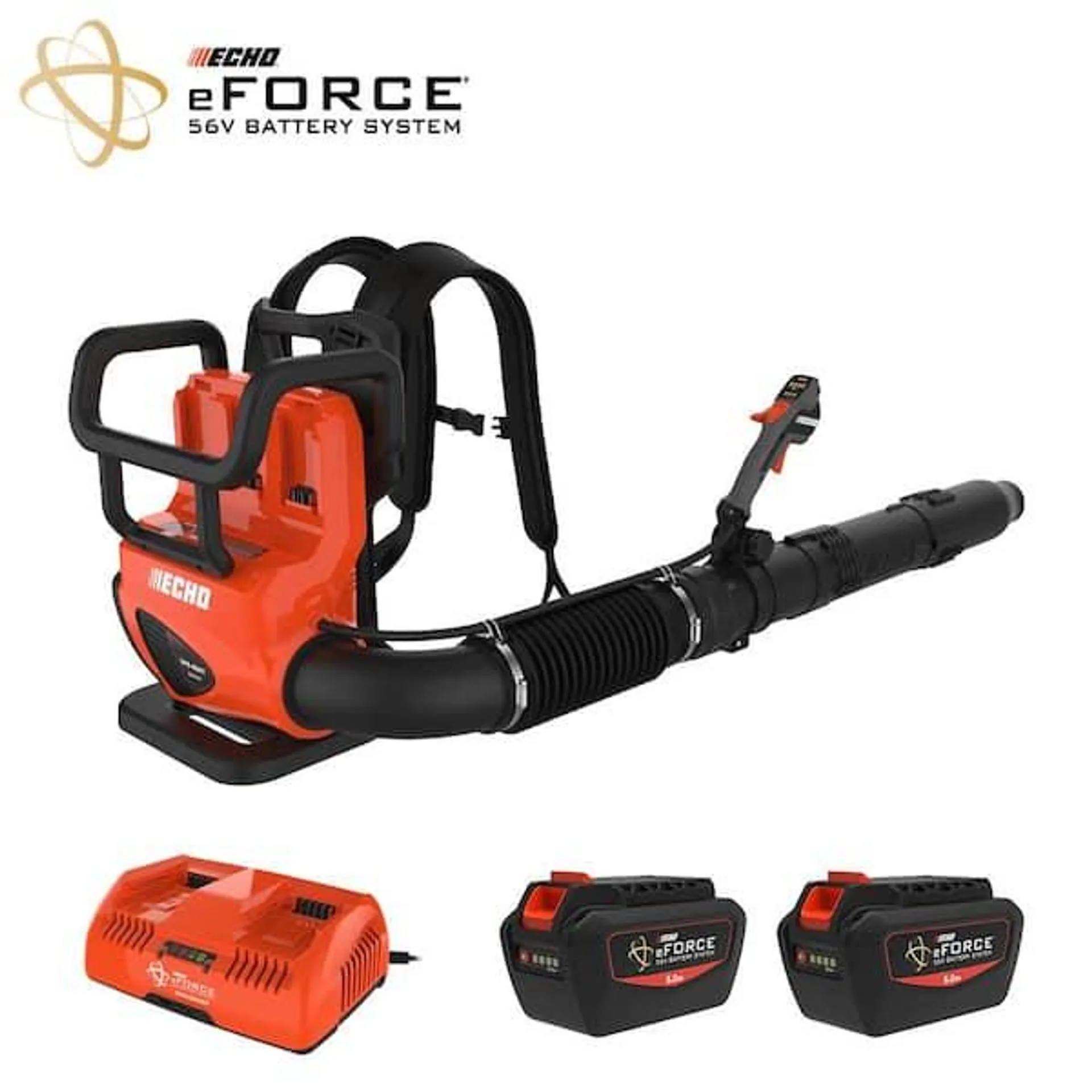 eFORCE 56V 195 MPH 795 CFM Cordless Battery Backpack Blower w/Tube Throttle & (2) 5.0Ah Batteries & Dual Port Charger