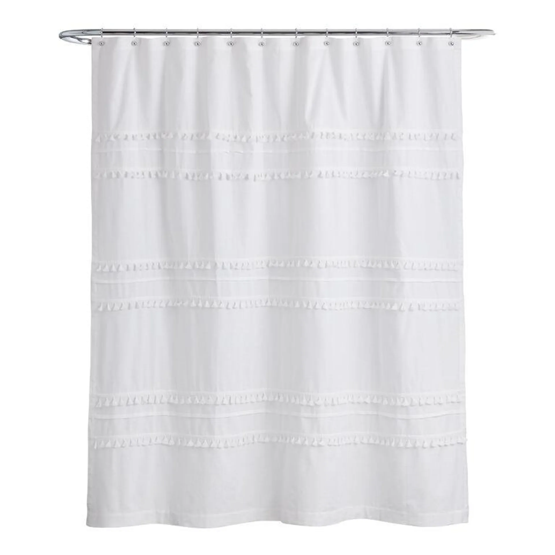 Renata White Tiered Tassel Shower Curtain