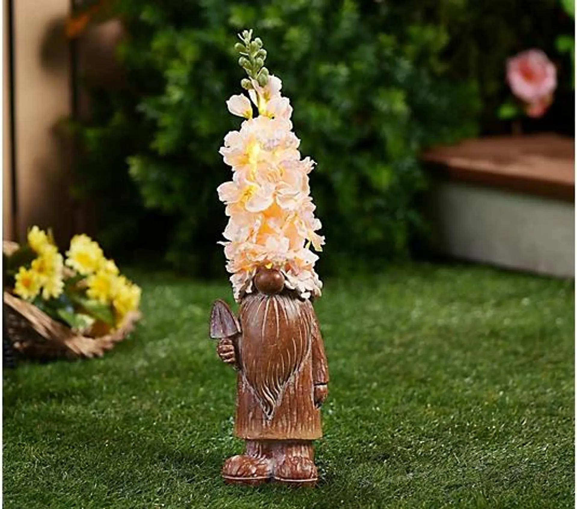 Barbara King 16" Faux Bois Gnome with Illuminated Flower Hat