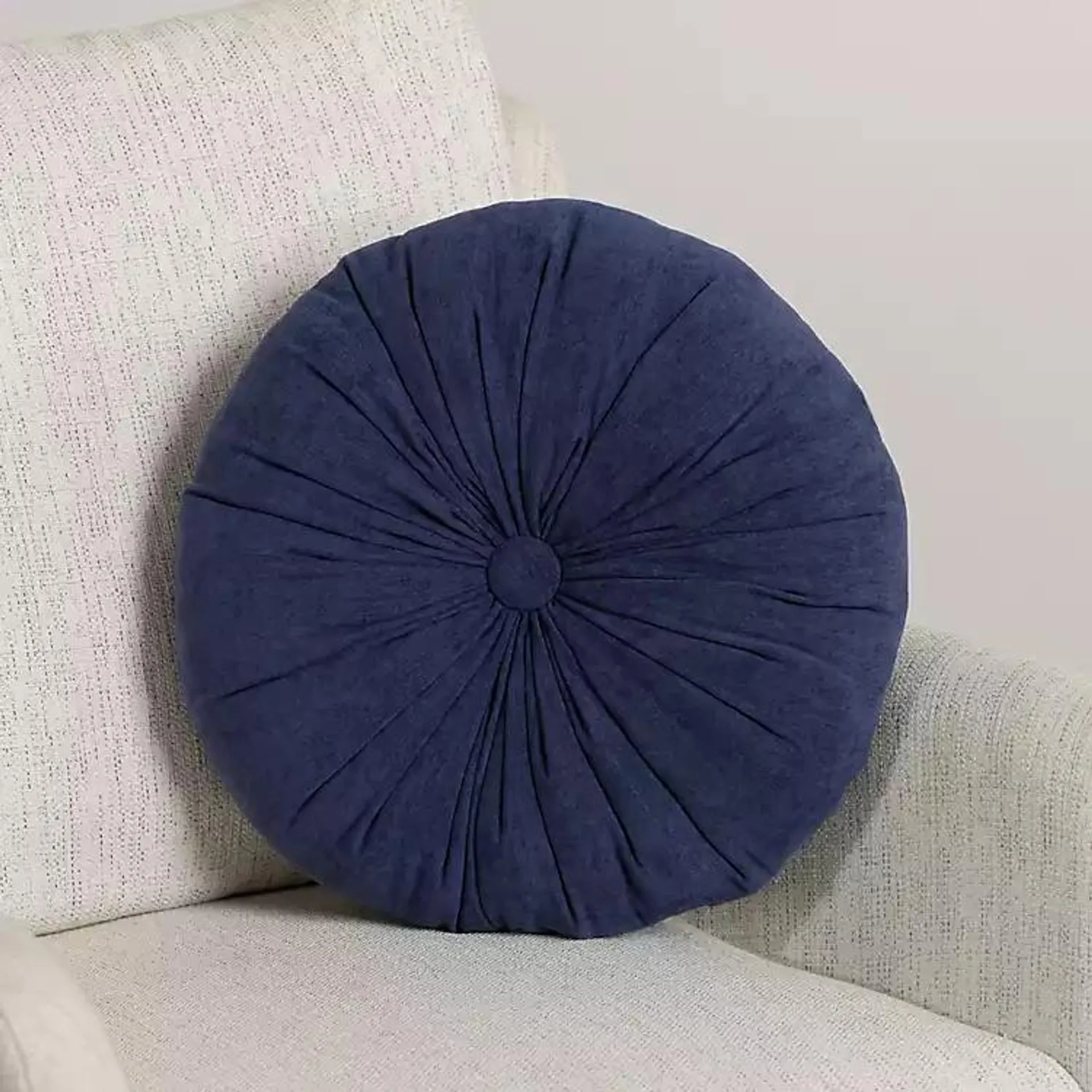 Round Navy Velvet Tufted Pillow