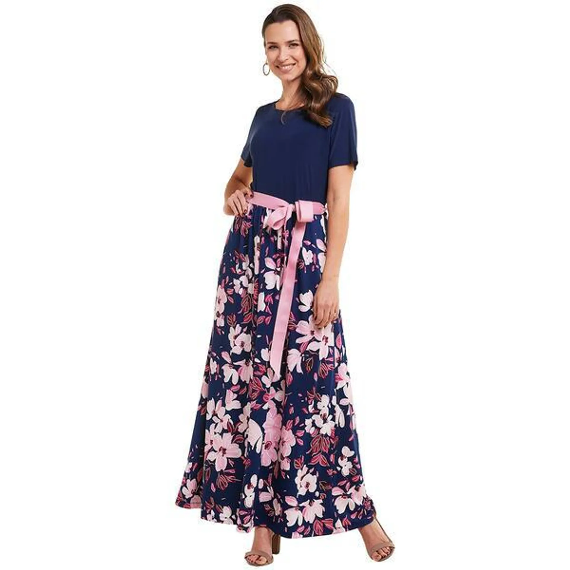 Plus Size Ellen Weaver Solid/Floral Maxi Dress-Navy/Fuchsia