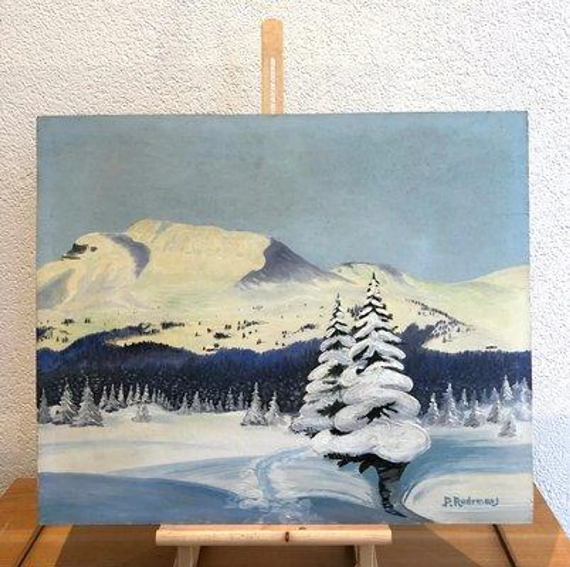 P. Audemars, Paysage de montagne et sapin enneigé, Oil on Wood