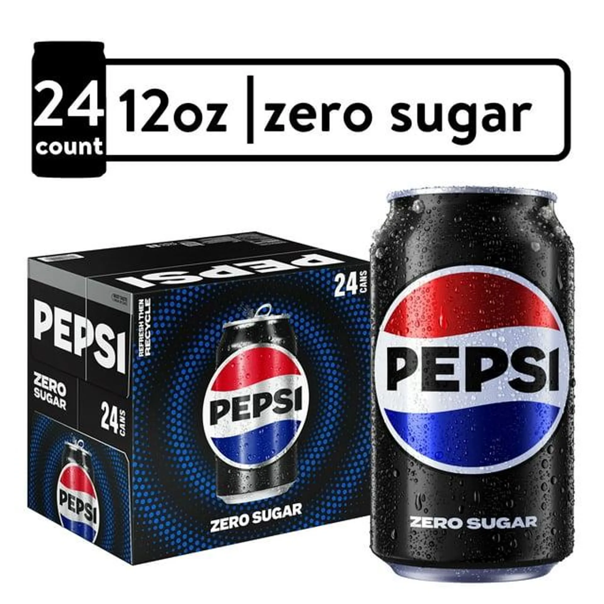 Pepsi Cola Zero Sugar Soda Pop, 12 fl oz, 24 Pack Cans