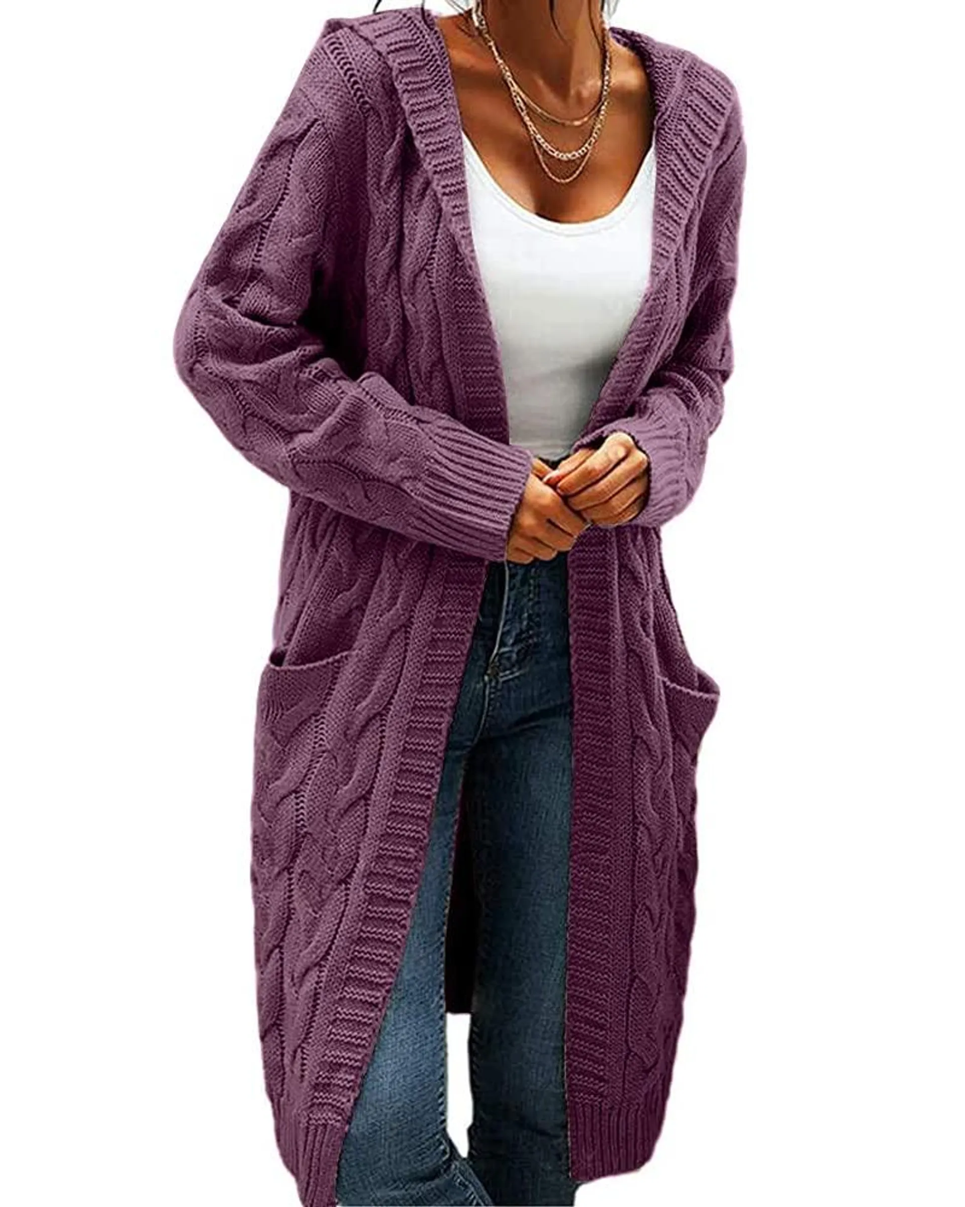 Bwogeeya Women Hooded Open Front cardigan cable Knit Sweaters Solid color chunky Long Sweater coats Purple