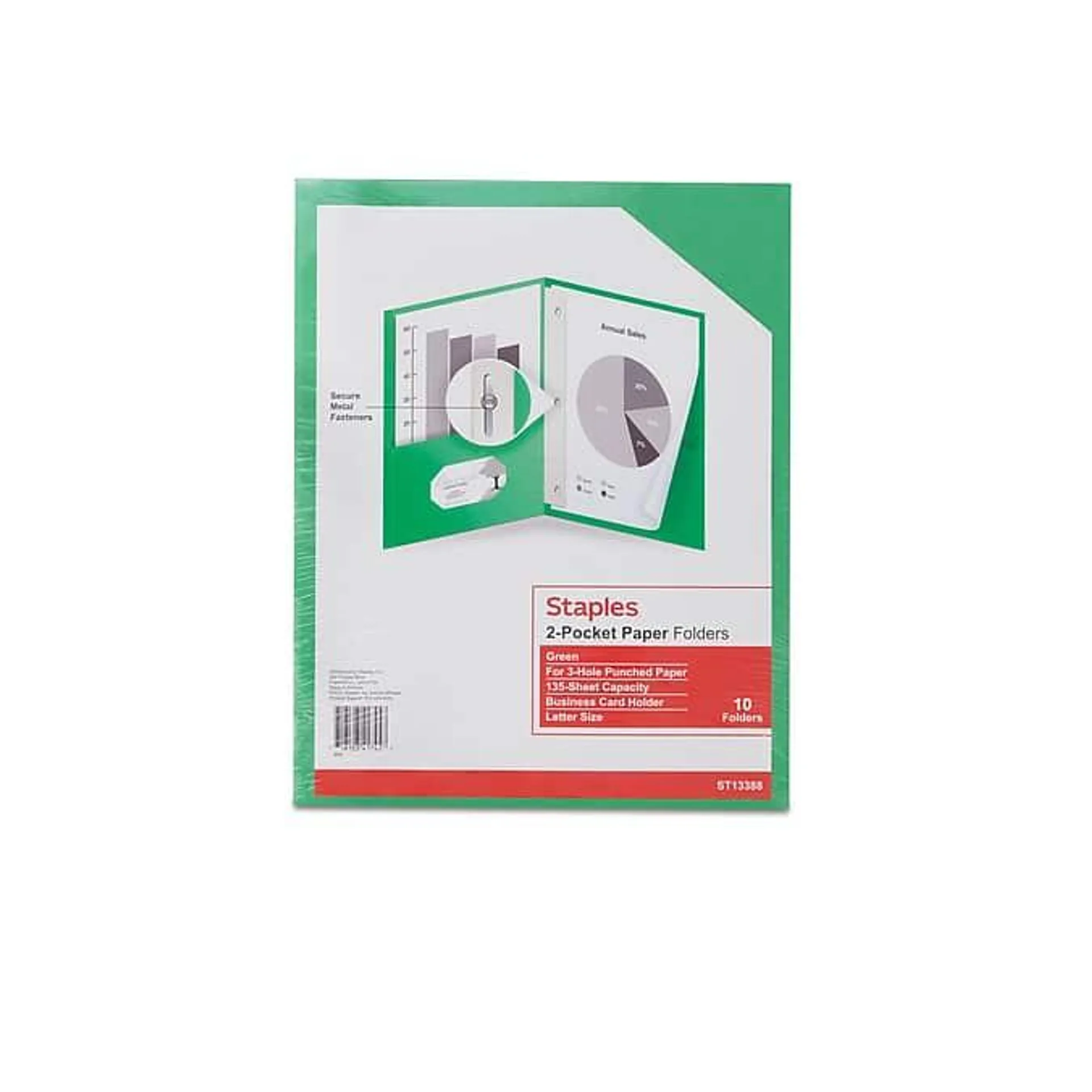 Staples 2-Pocket Folders with Fasteners, Green, 10/Pack (13388-US)