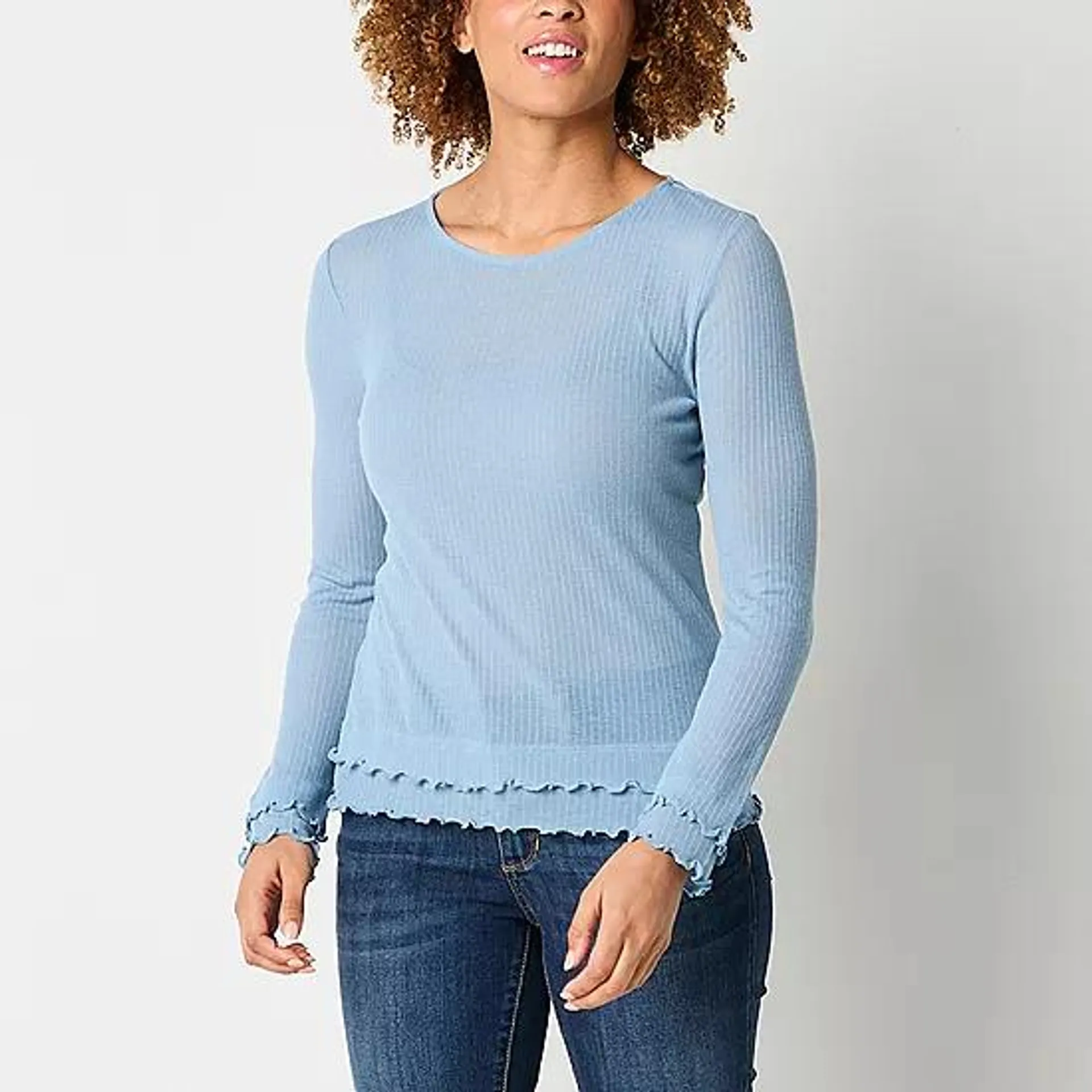 a.n.a Sheer Knit Womens Crew Neck Long Sleeve T-Shirt