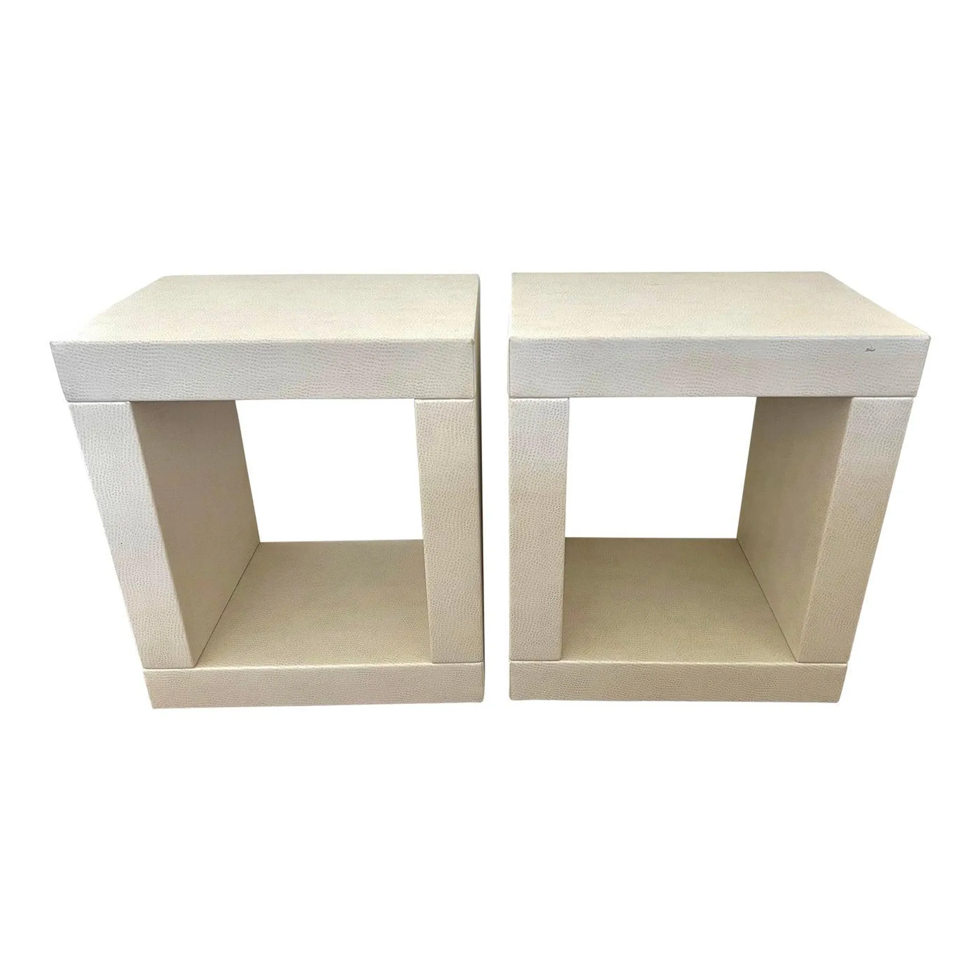 Pair of Karl Springer Style White Faux Snakeskin Side Tables Nightstands