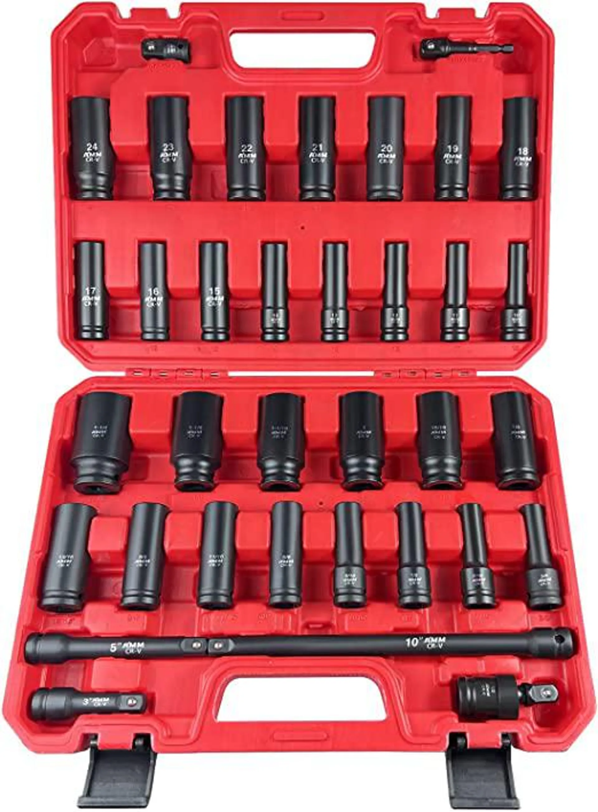 AMM 1/2" Drive Impact Socket Set，35-Piece Standard SAE (3/8 to 1-1/4 inch) and Metric (10-24mm) Size，3" 5"10"Drive Extension Bar，1/2" Impact Universal Joint，3/8" to 1/2" Impact Adaptor，Cr-V Steel