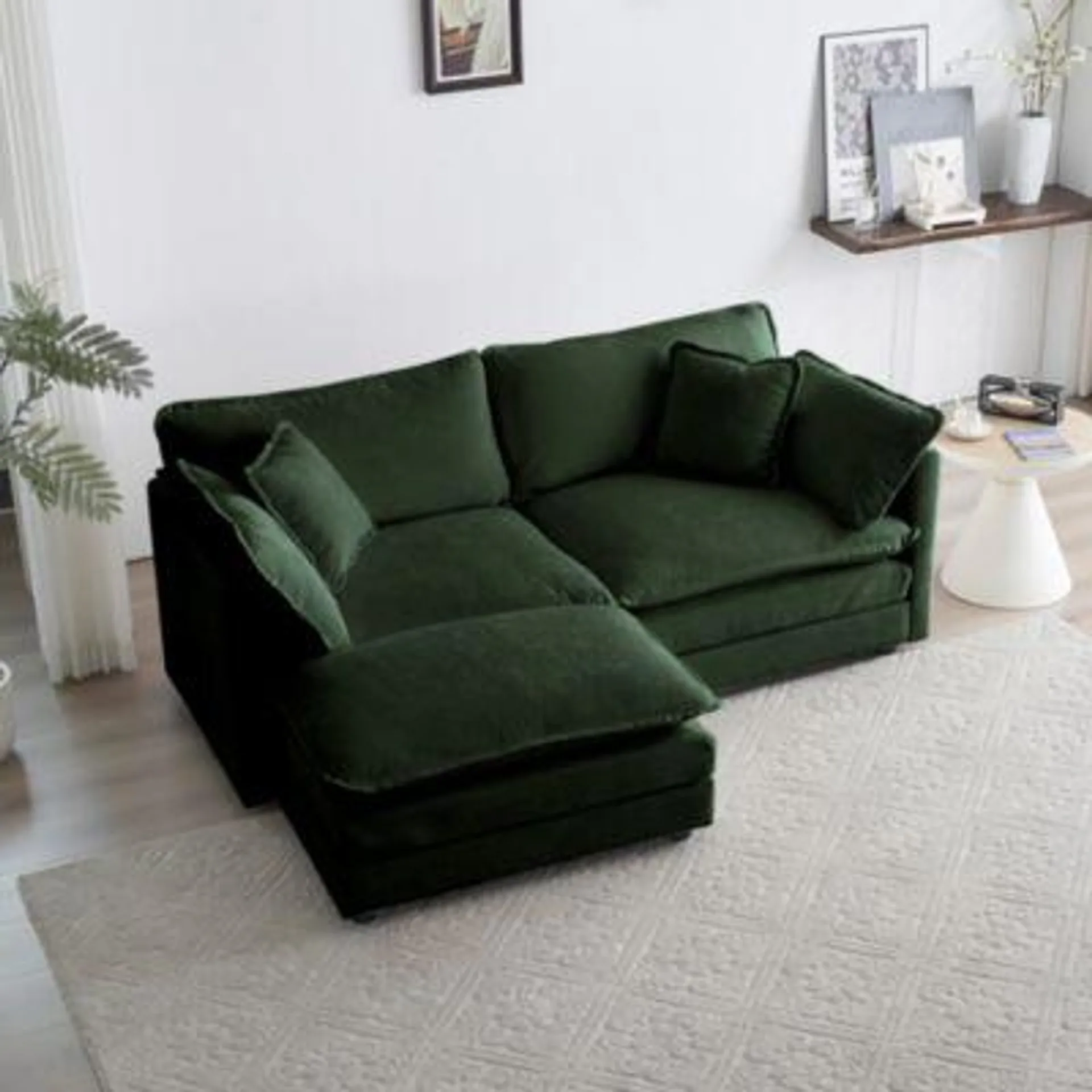 Comfortable Green Chenille Loveseat with Ottoman