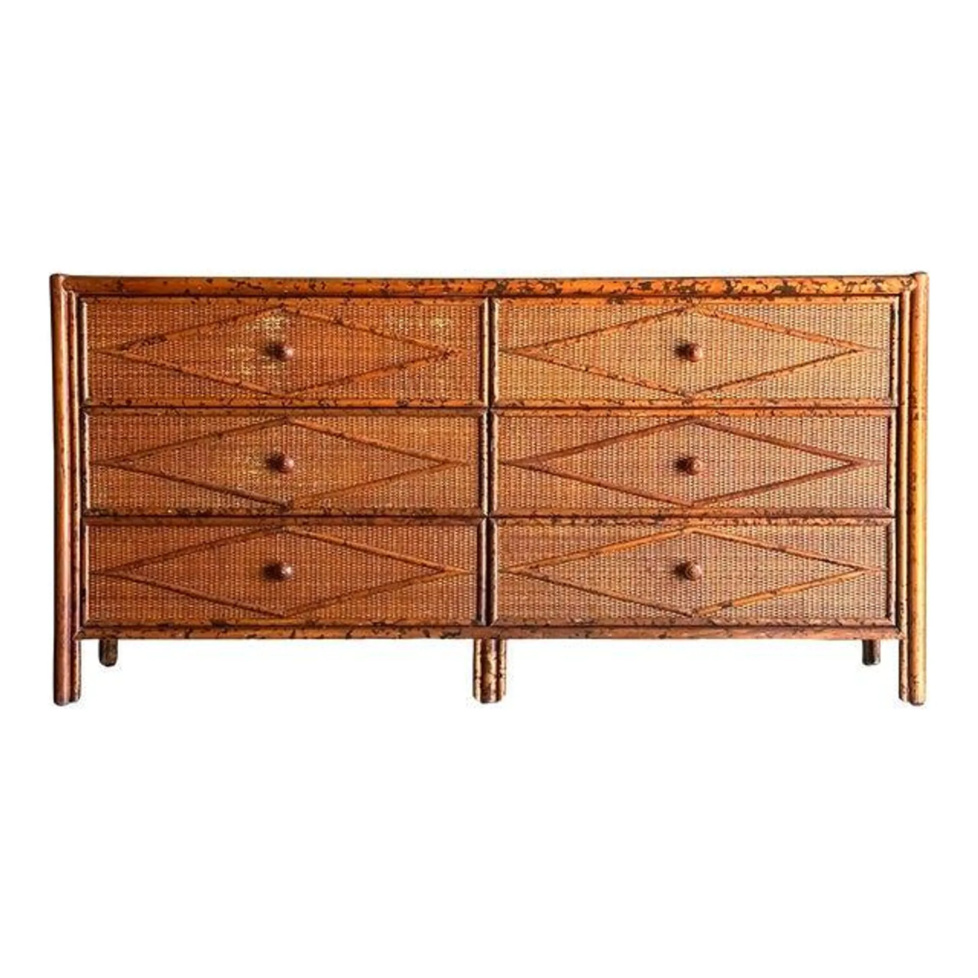 1980s Vintage British Colonial Style Burnt Bamboo and Rattan Lowboy Dresser