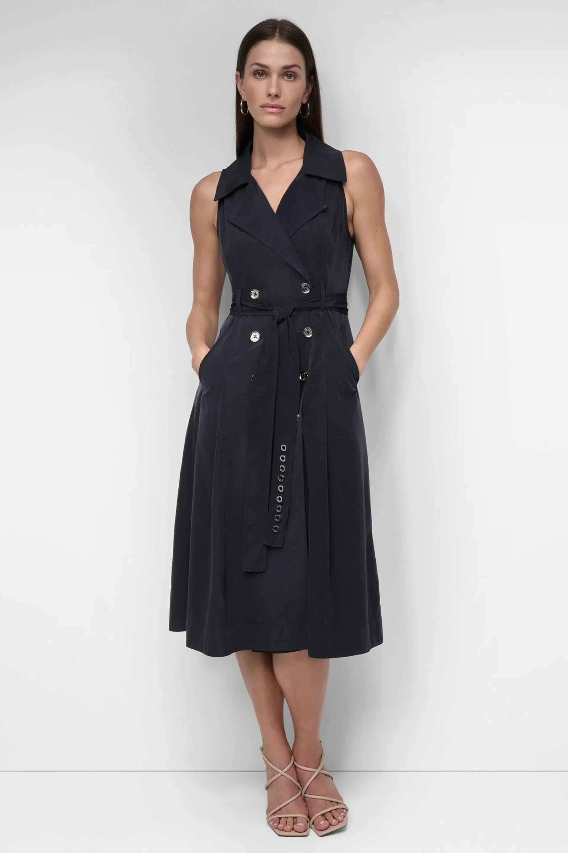 SLEEVELESS TECH COTTON BELTED MIDI DRESS