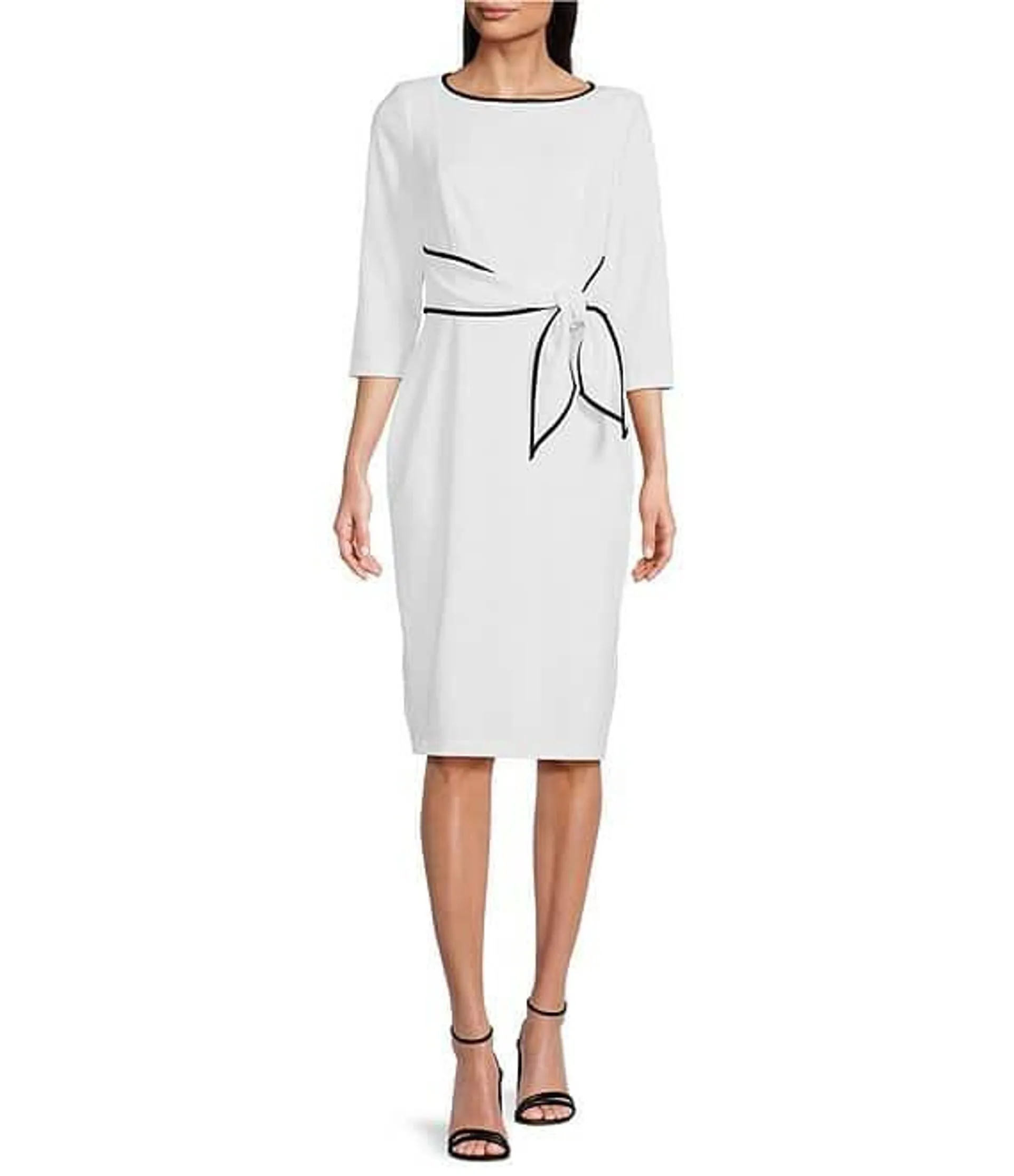 Contrasting Trim Boat Neck 3/4 Sleeve Tie Waist Crepe Sheath Dress