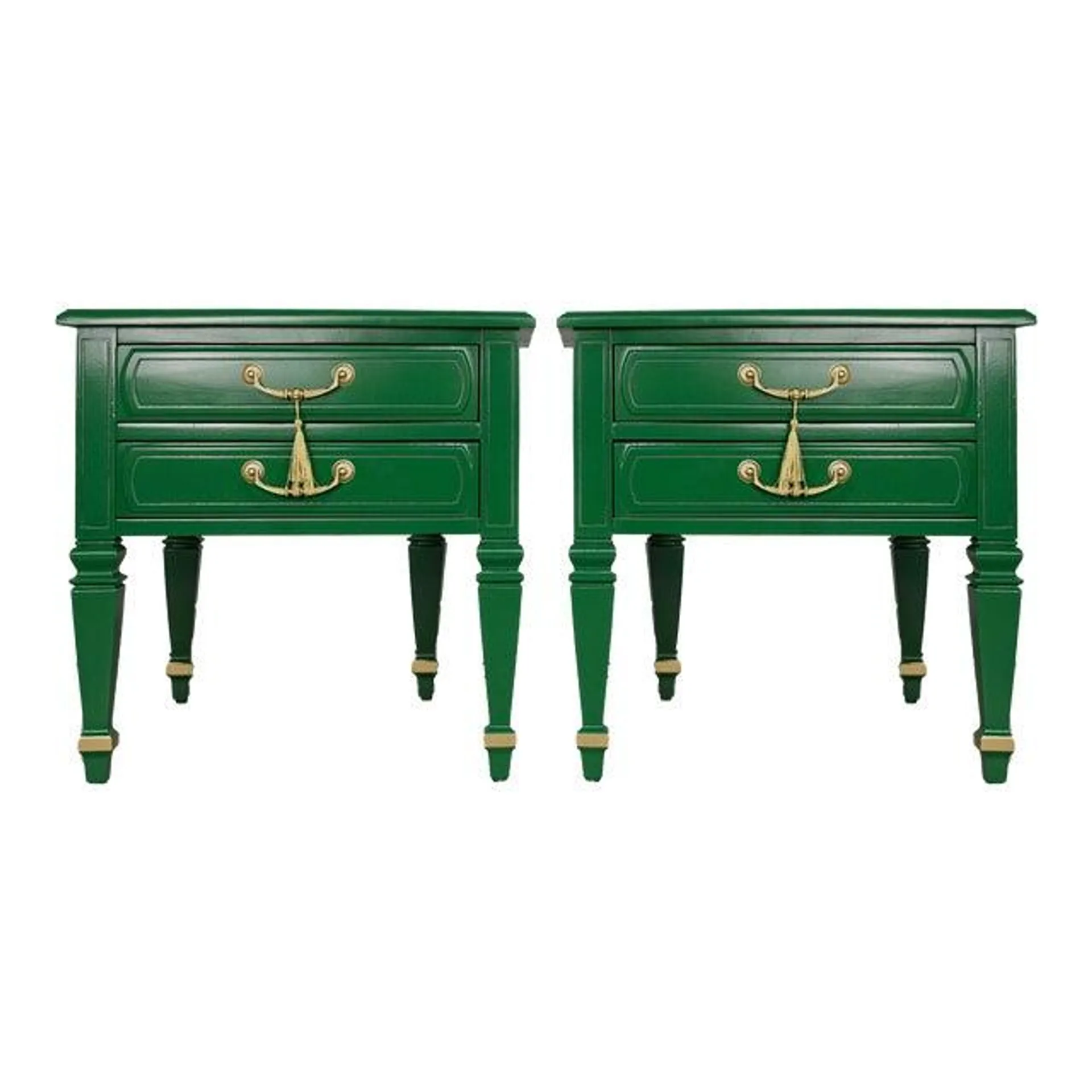 Mid Century Transitional Pair of Nightstands in Green With Gold Accents - Newly Painted