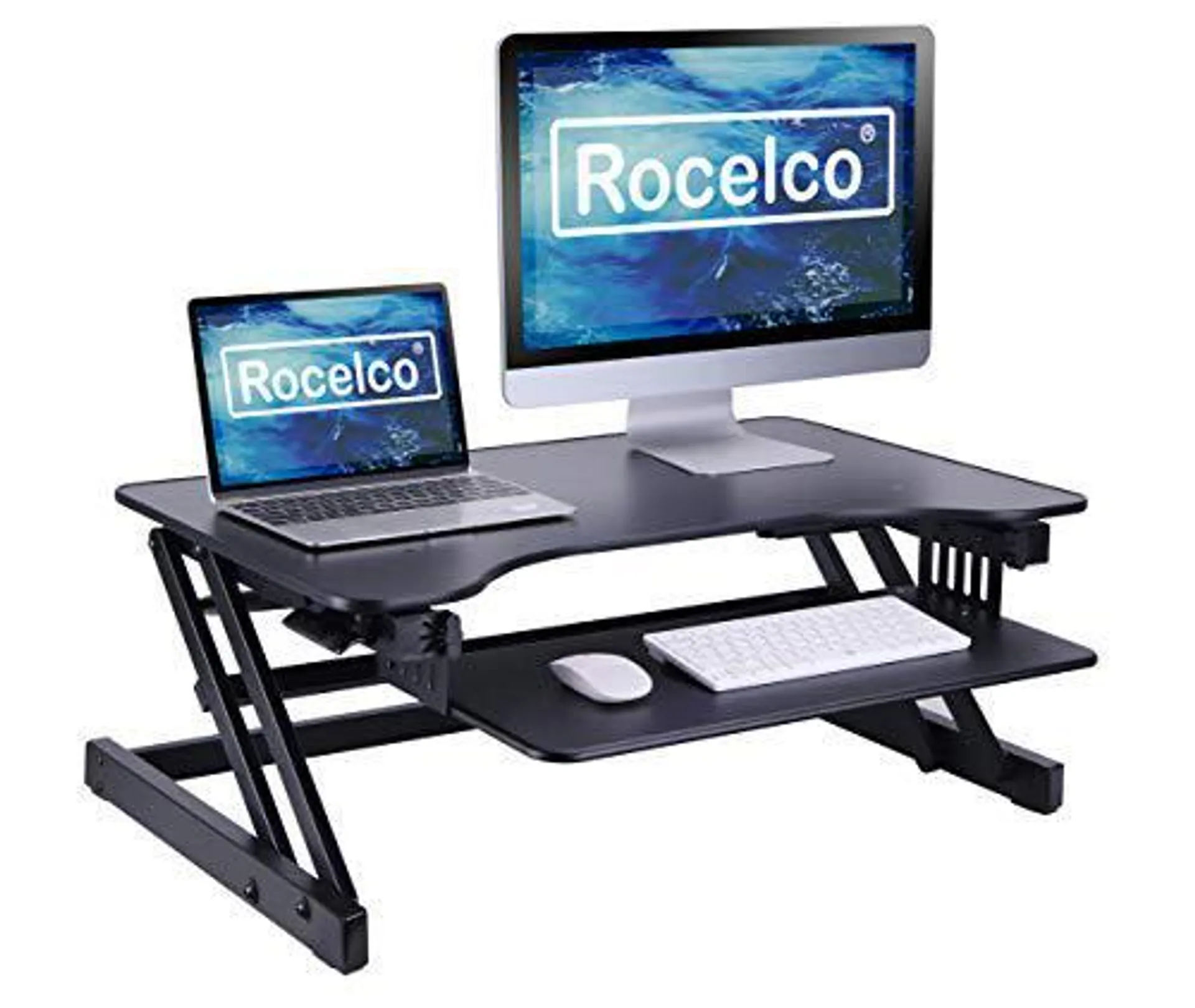 rocelco 32" height adjustable standing desk converter - quick sit stand up dual monitor riser - gas spring assist tabletop co