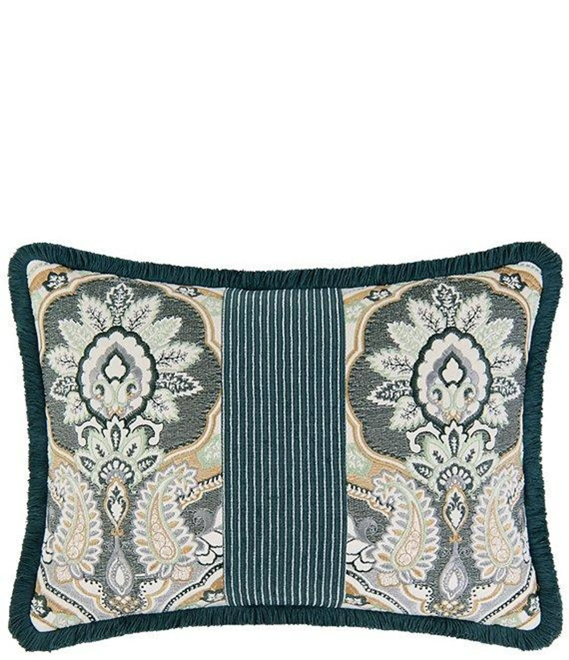 Harrogate Teal Fringed Damask & Striped Reversible Breakfast Pillow