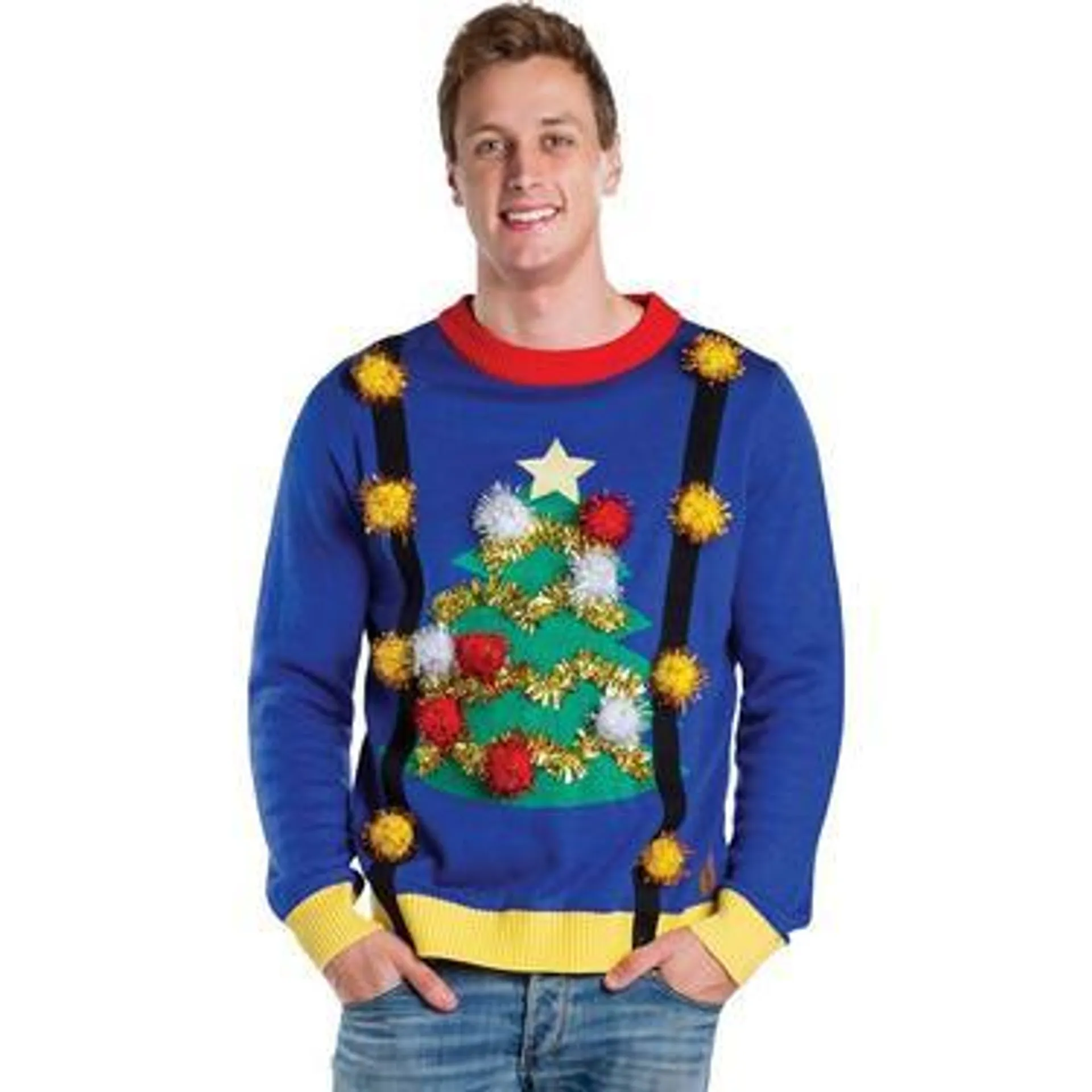 Adult Christmas Tree Knitted Ugly Sweater with Suspenders