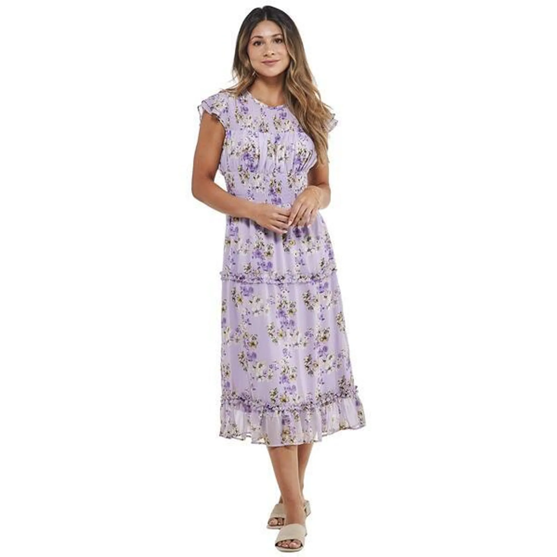 Womens Perceptions Flutter Sleeve Print Chiffon Tier Midi Dress