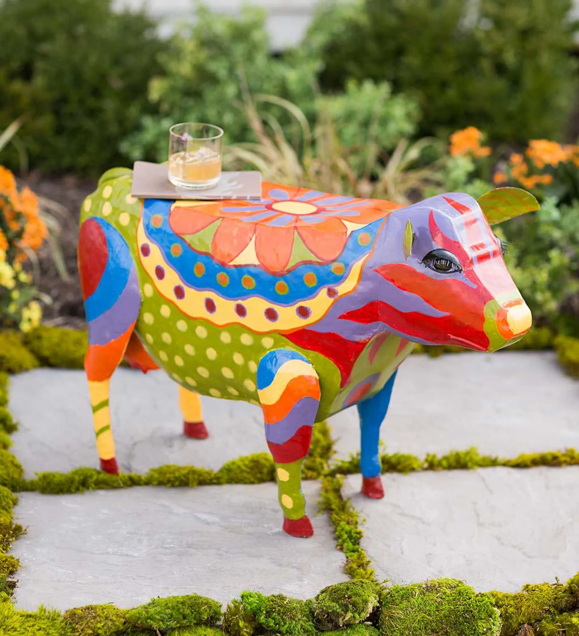 Handmade Colorful Painted Folk Art Cow Metal Side Table