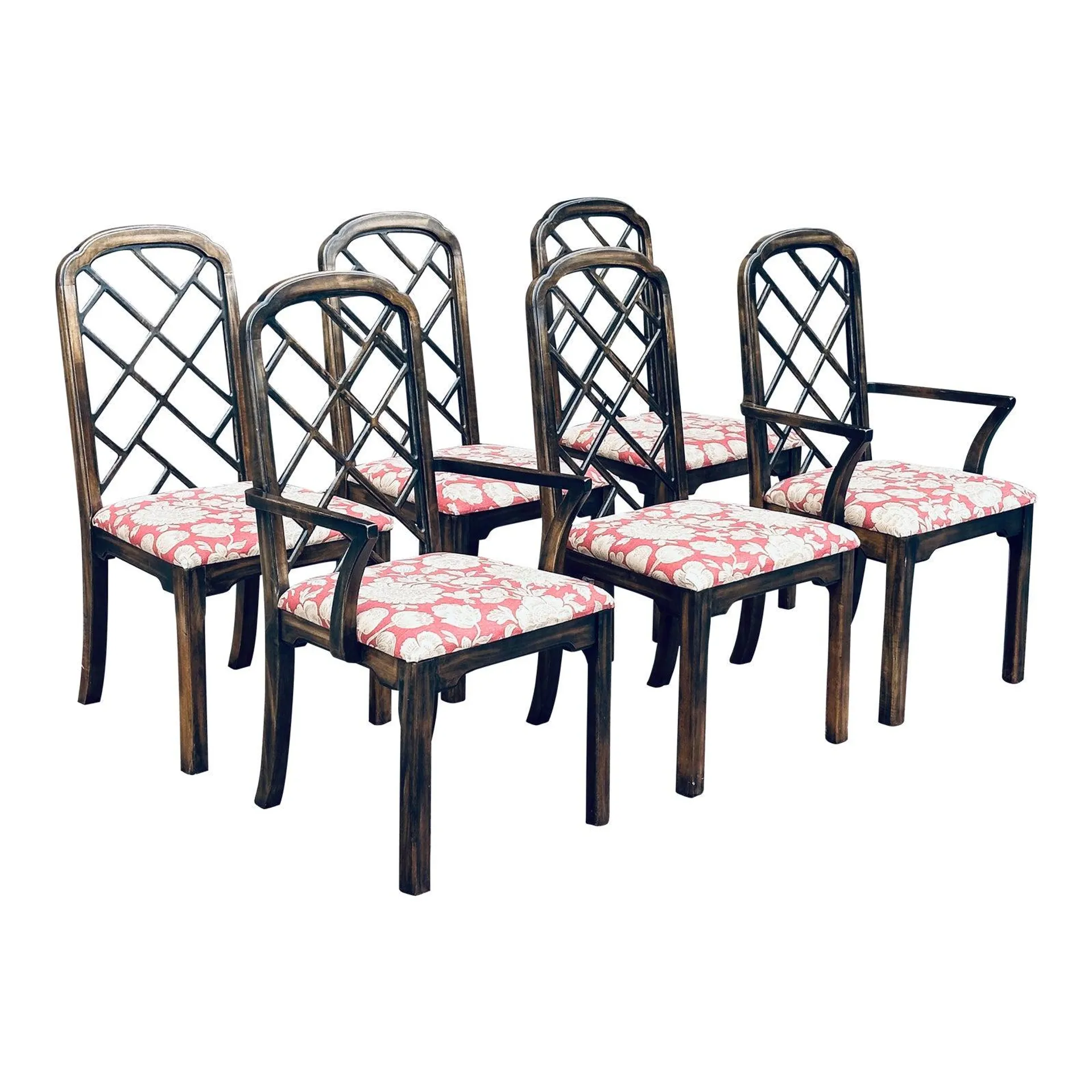 Vintage Thomasville Chinese Chippendale Fretwork Hollywood Regency Dining Chairs - Set 6