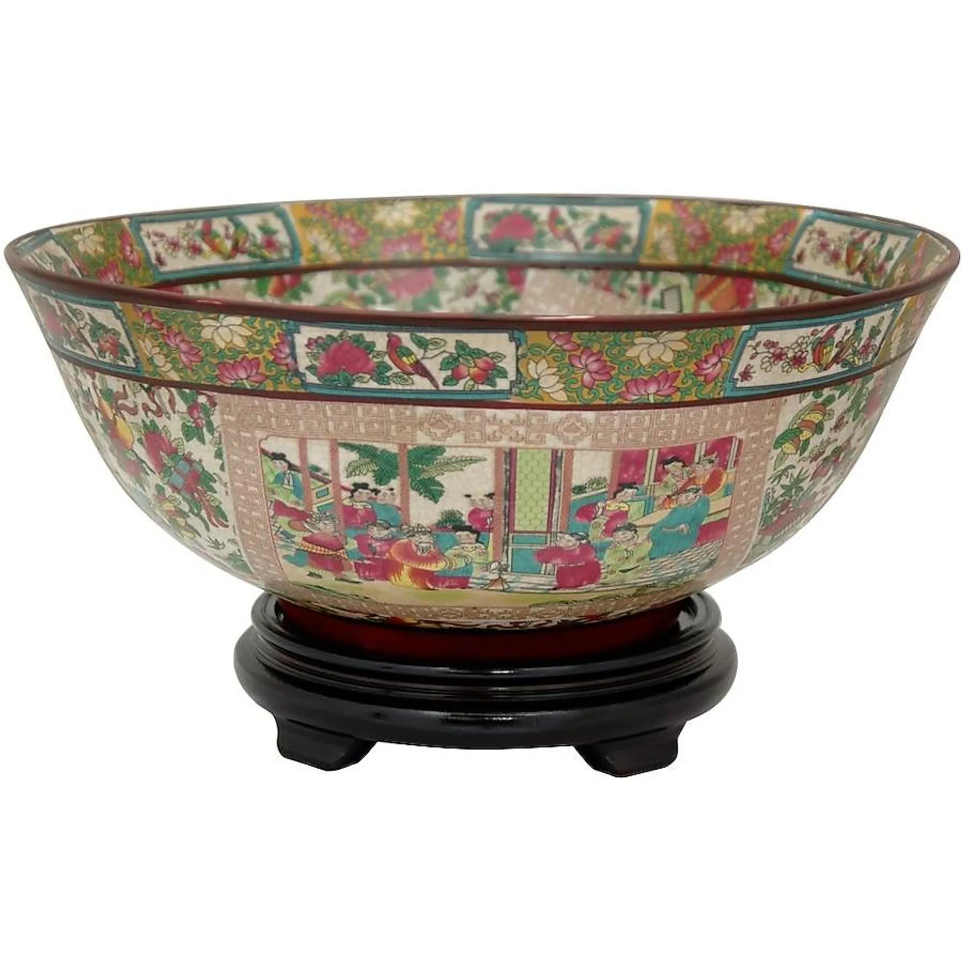 Red Lantern Red Chinese Porcelain Ceramic Decorative Bowl 14-in Diameter, Rose Medallion Art Motif