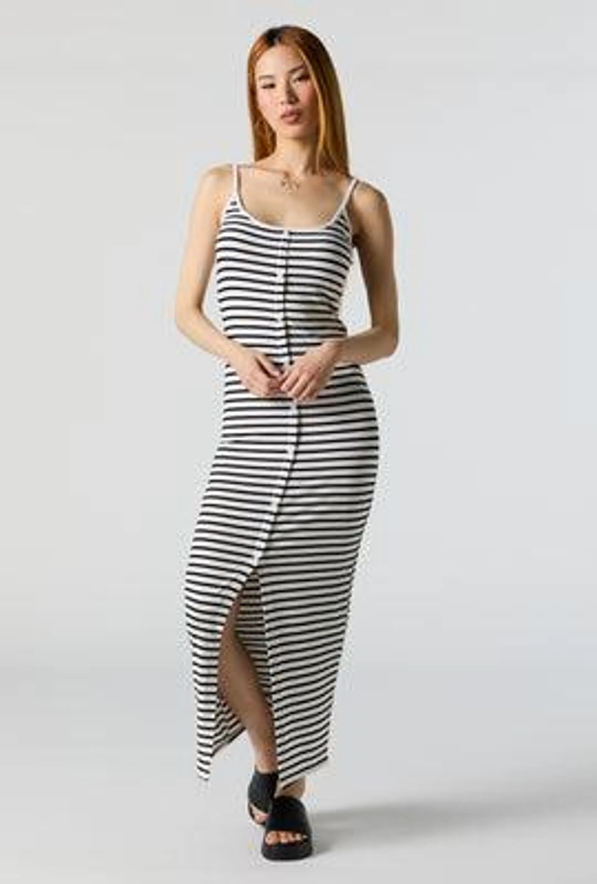 Striped Ribbed Button Front Bodycon Maxi Dress