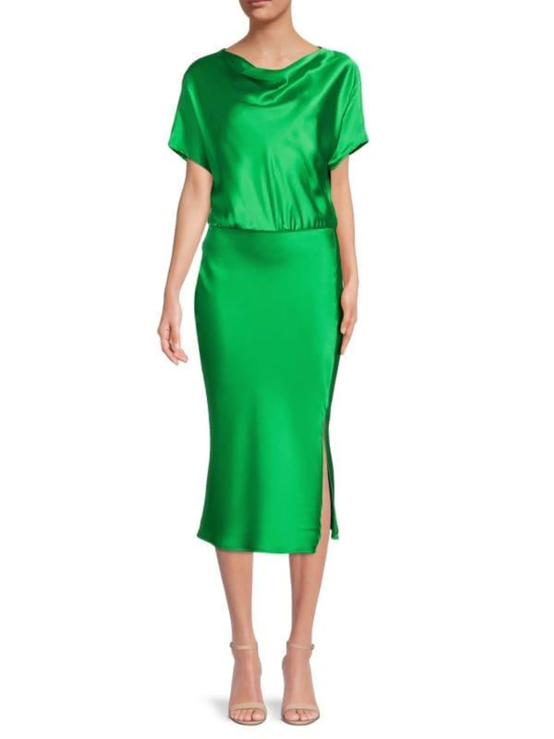 Boat Neck Satin Midi Dress