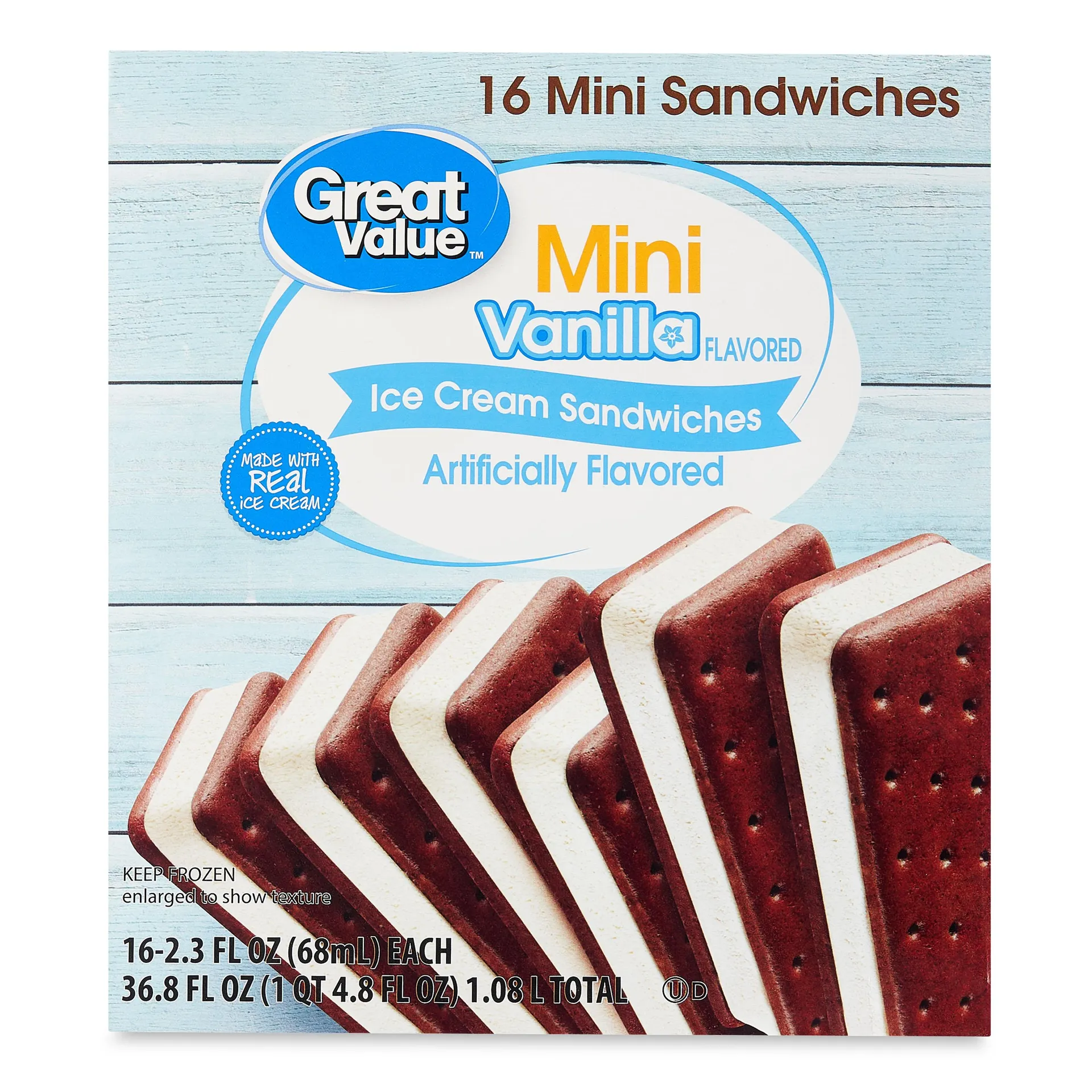 Great Value Mini Vanilla Flavored Ice Cream Sandwiches, 36.8 fl oz 16 Pack