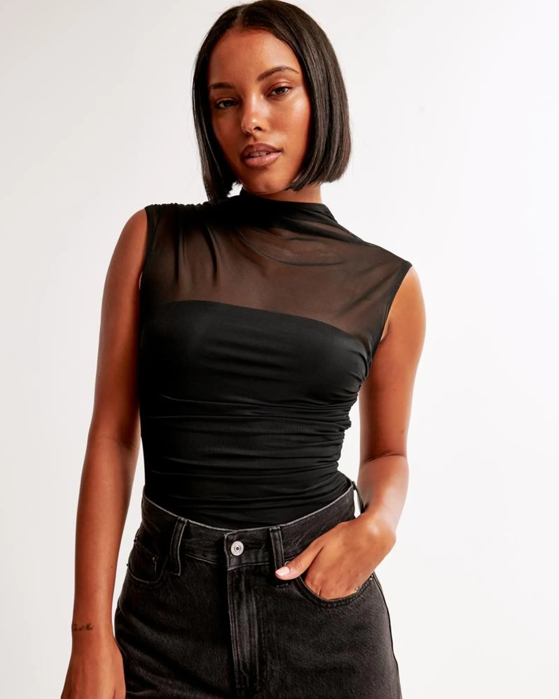 Draped Mesh Mockneck Bodysuit