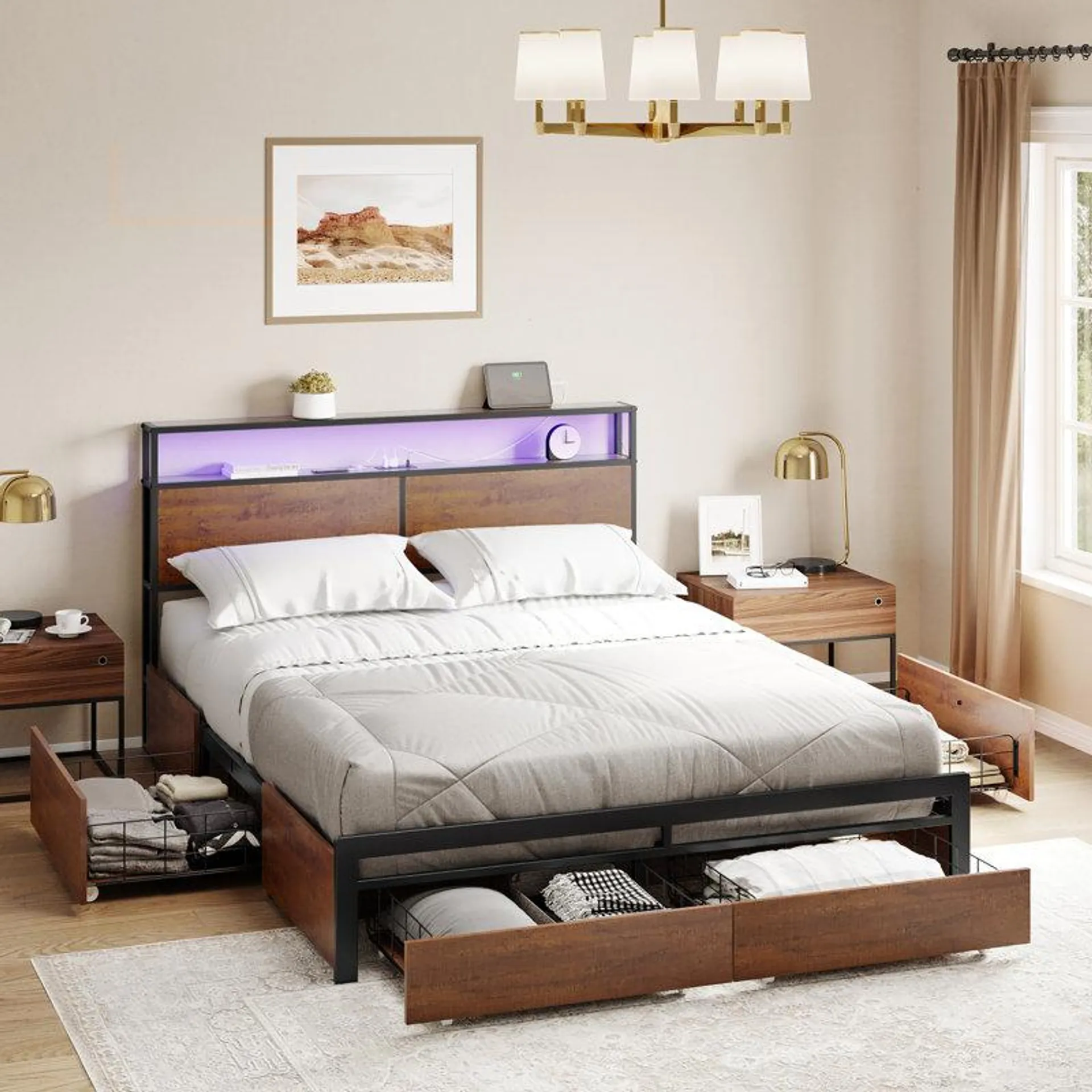 Antioch Bed Frame with 4 Drawers, Modern bed with LED Light and Charging Station, Storage Headboard, No Spring Box Needed