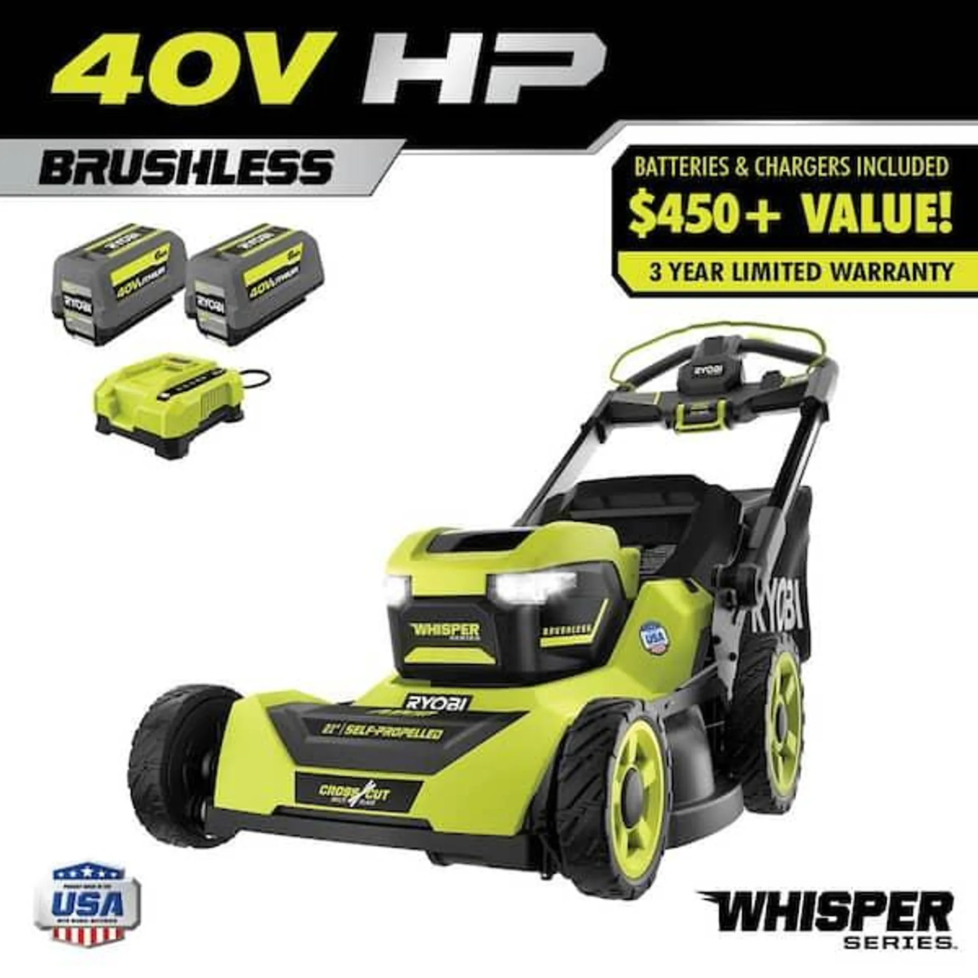 40V HP Brushless Whisper Series 21. in Walk Behind Self-Propelled All Wheel Drive Mower - (2) 6.0 Ah Batteries & Charger