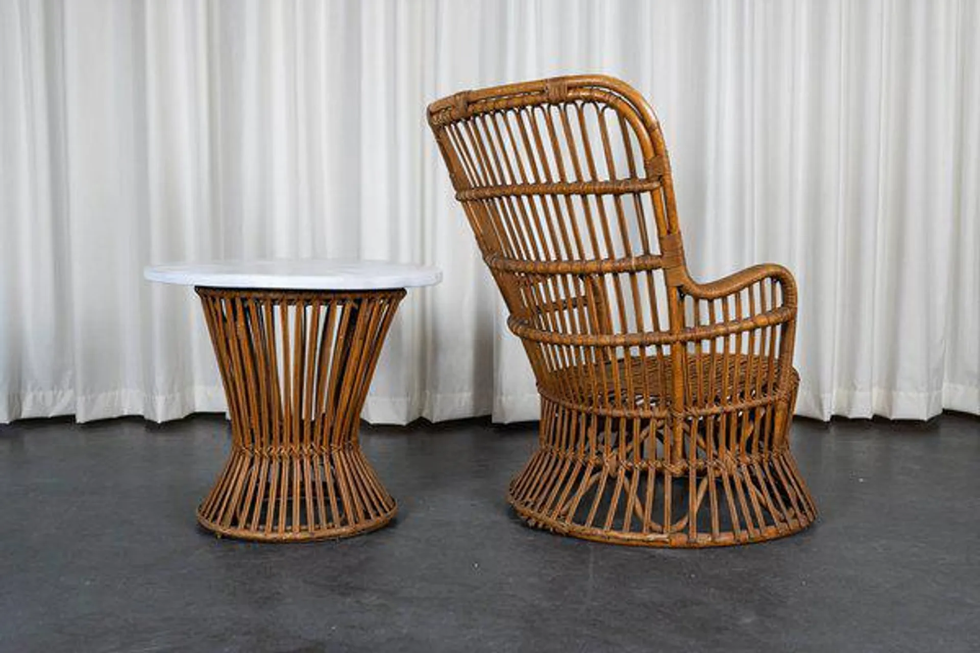 Vintage Armchair and Rattan Table, 1960s, Set of 2