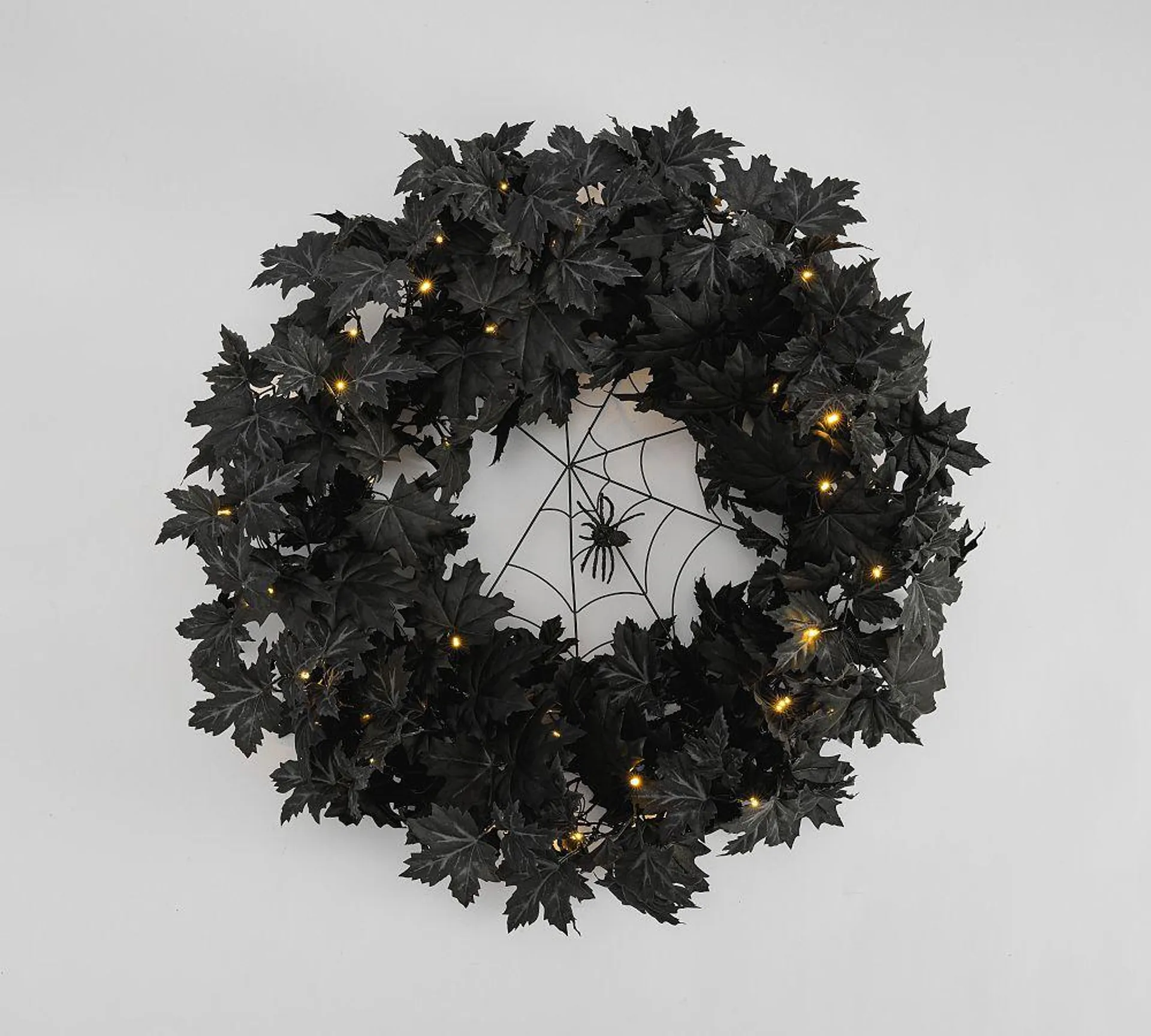 Lit Halloween Maple Leaf With Spider Web Wreath