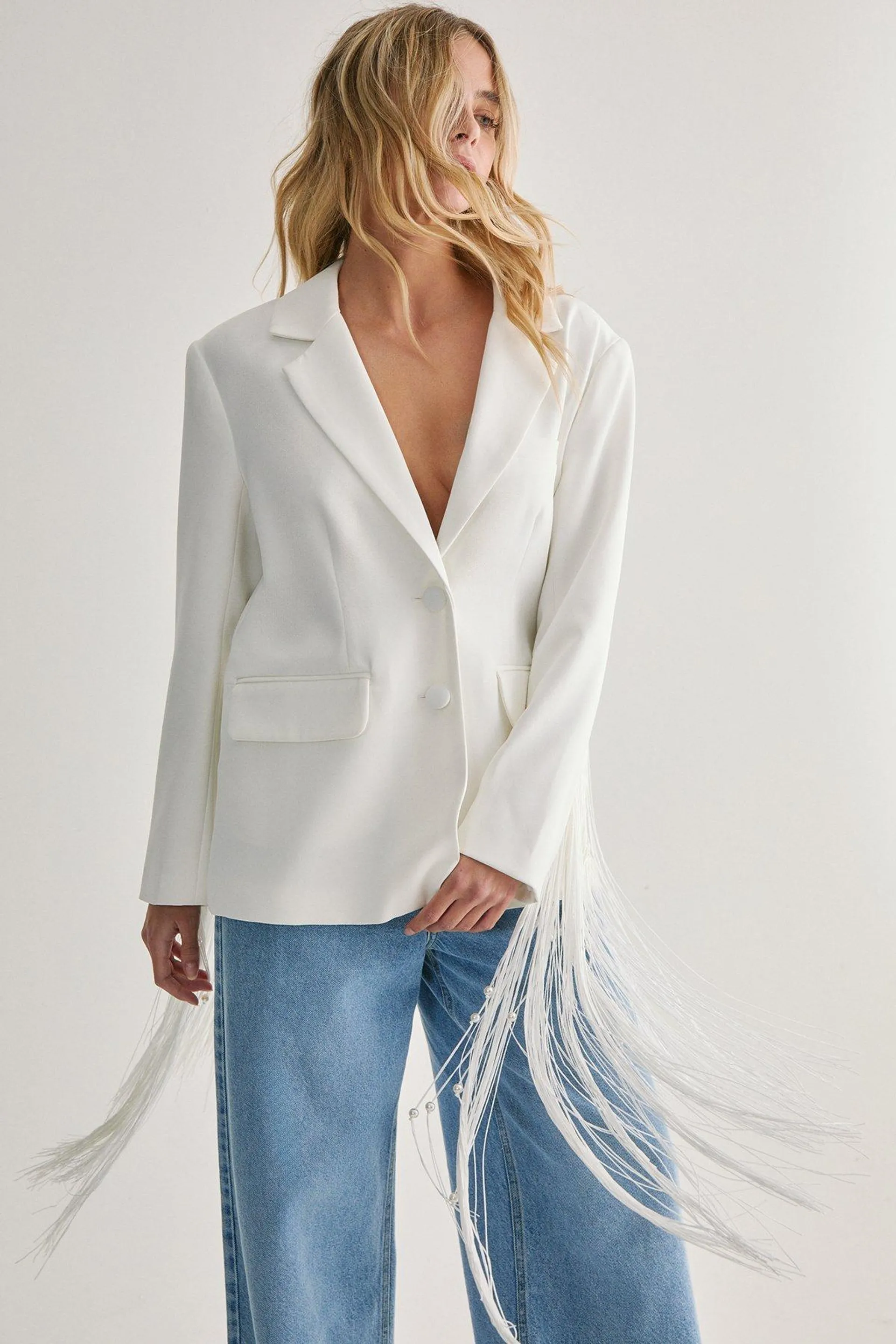 Limited Pearl Trim Fringe Oversized Blazer