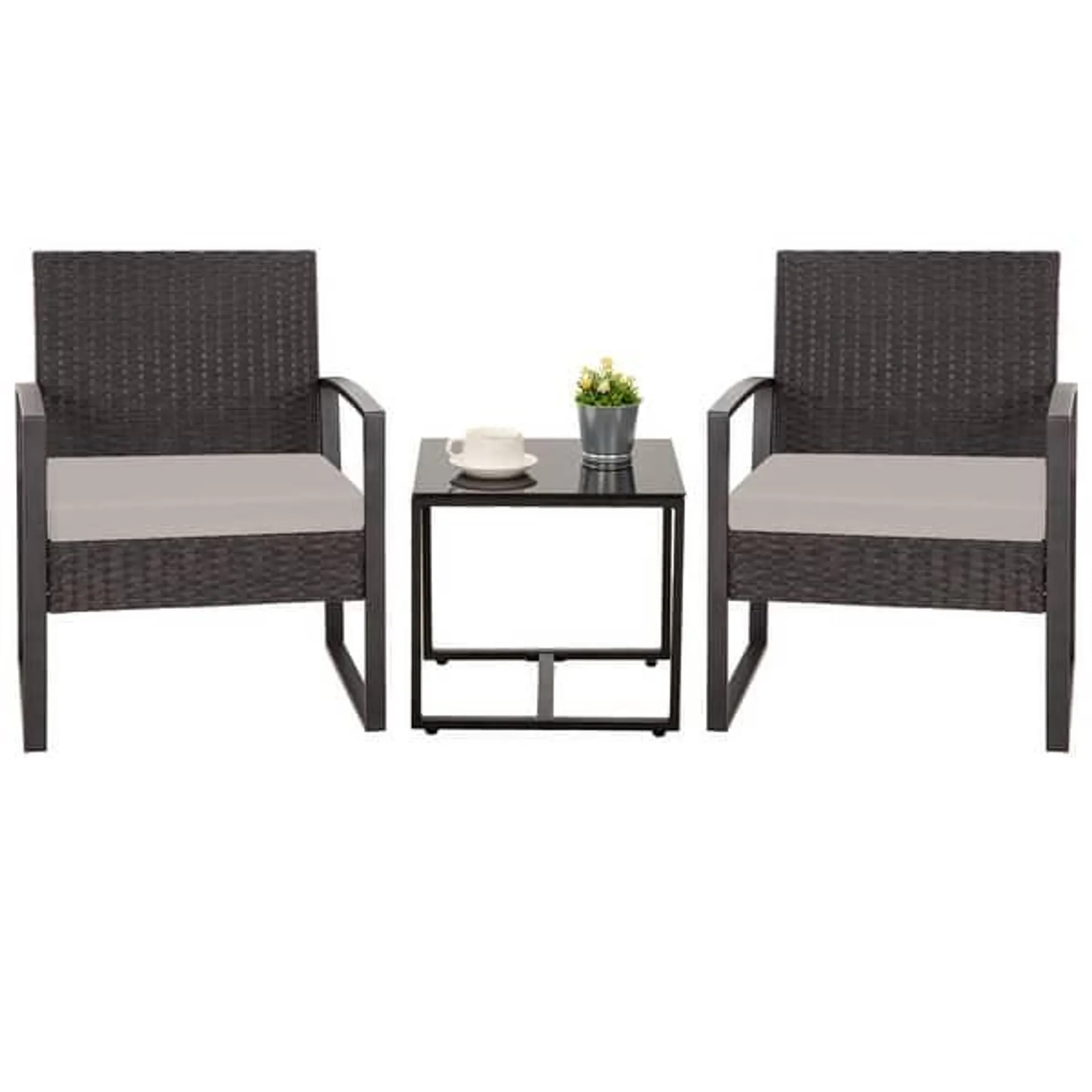 Zenova 3 Piece Outdoor Patio Convensation Set, Wicker Table and Chairs Set of 2, All-Weather Rattan Balcony Furniture Set