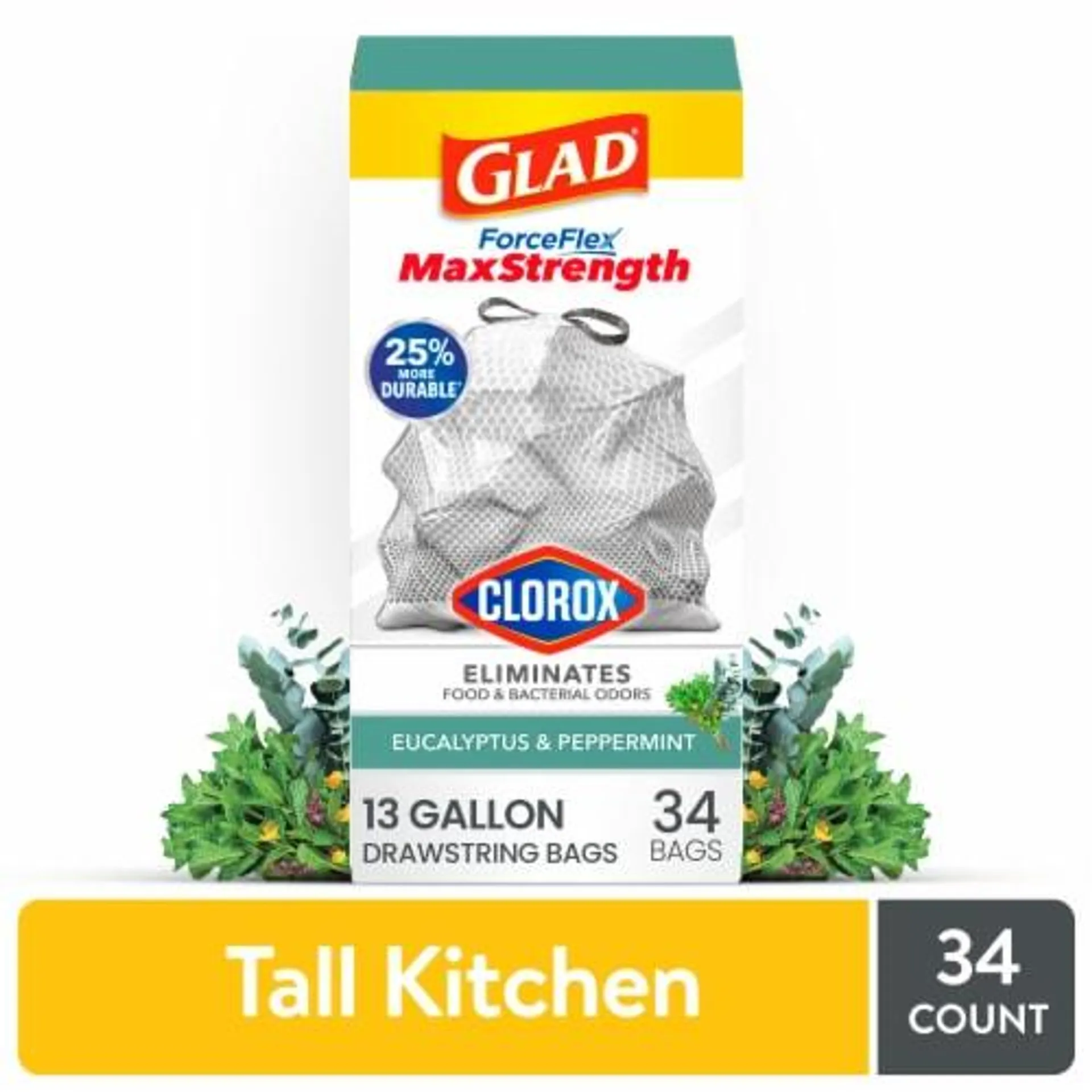 Glad ForceFlex MaxStrength with Clorox Eucalyptus and Peppermint Tall Kitchen Drawstring Trash Bags