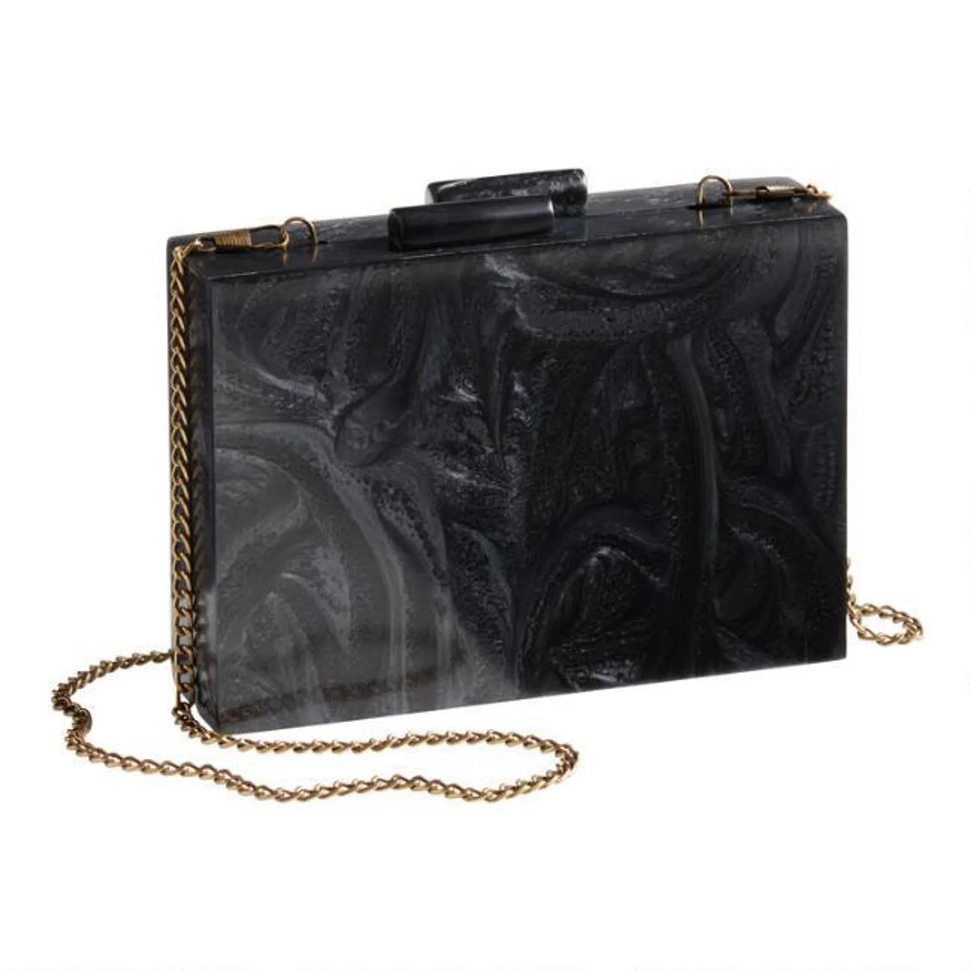 Black Marbled Resin Structured Clutch With Chain