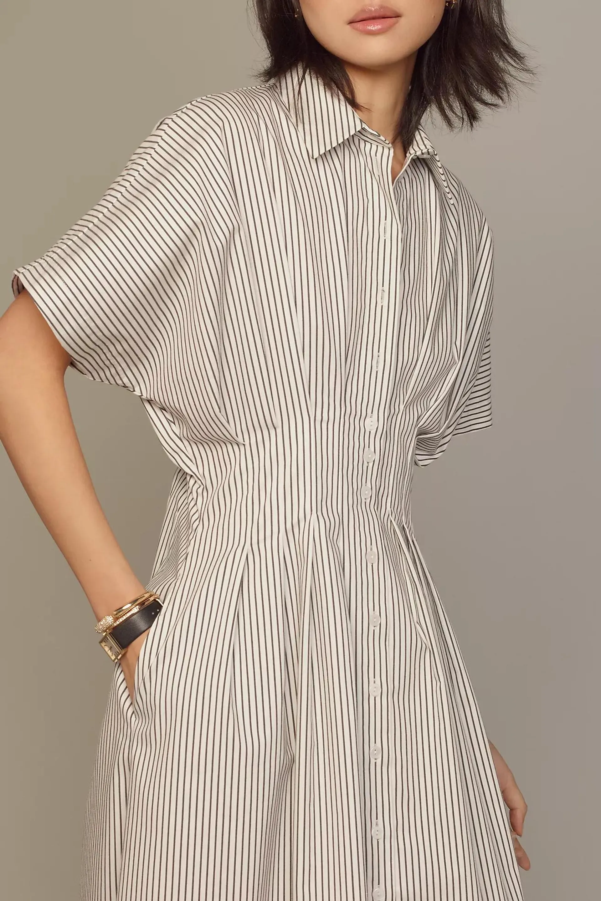 The Tobie Button-Front Pleated Shirt Dress by Exquise