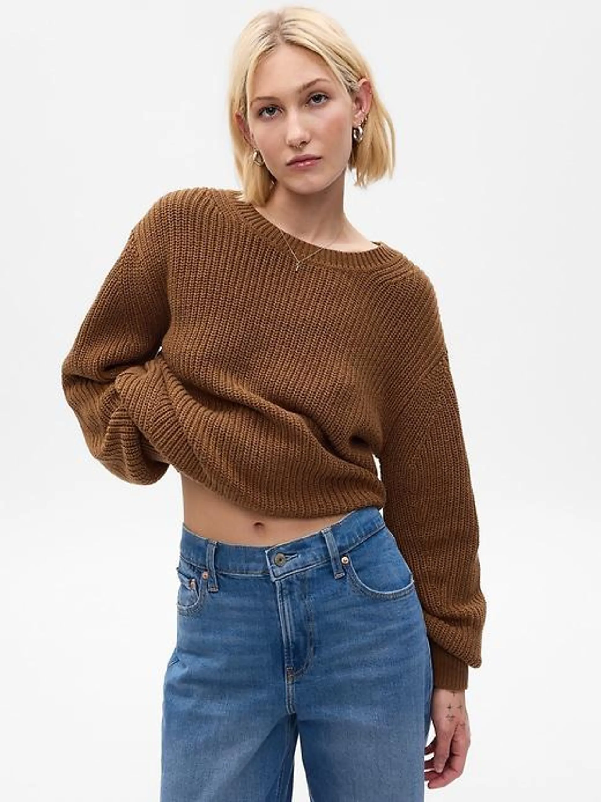 Shaker-Stitch Crewneck Sweater