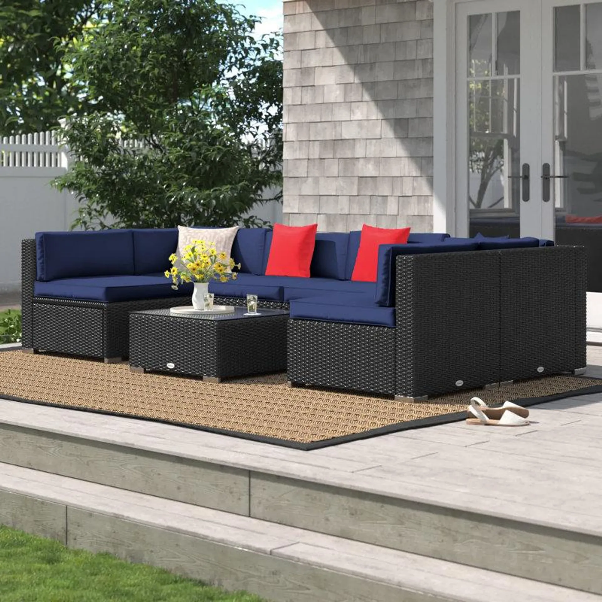 Merton 7-Piece Patio Furniture Set, Outdoor Wicker Conversation Set, All Weather PE Rattan Sectional Sofa Set with Cushions and Faux Wood Table, Stripe Pillows